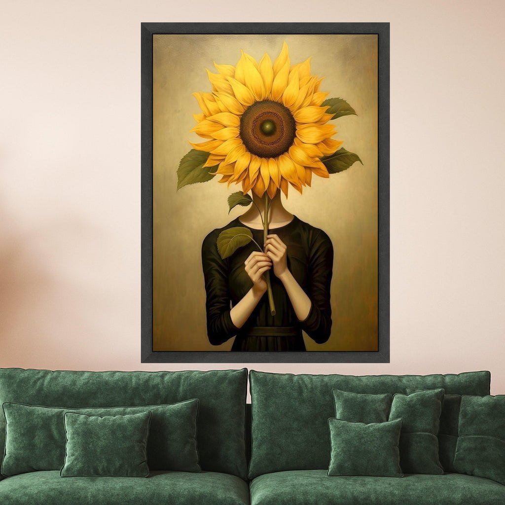 Surreal Sunflower Portrait Canvas, Woman Holding Sunflower Wall Art, Modern Botanical Canvas, Unique Home Decoration, Ready Ready To Hang,