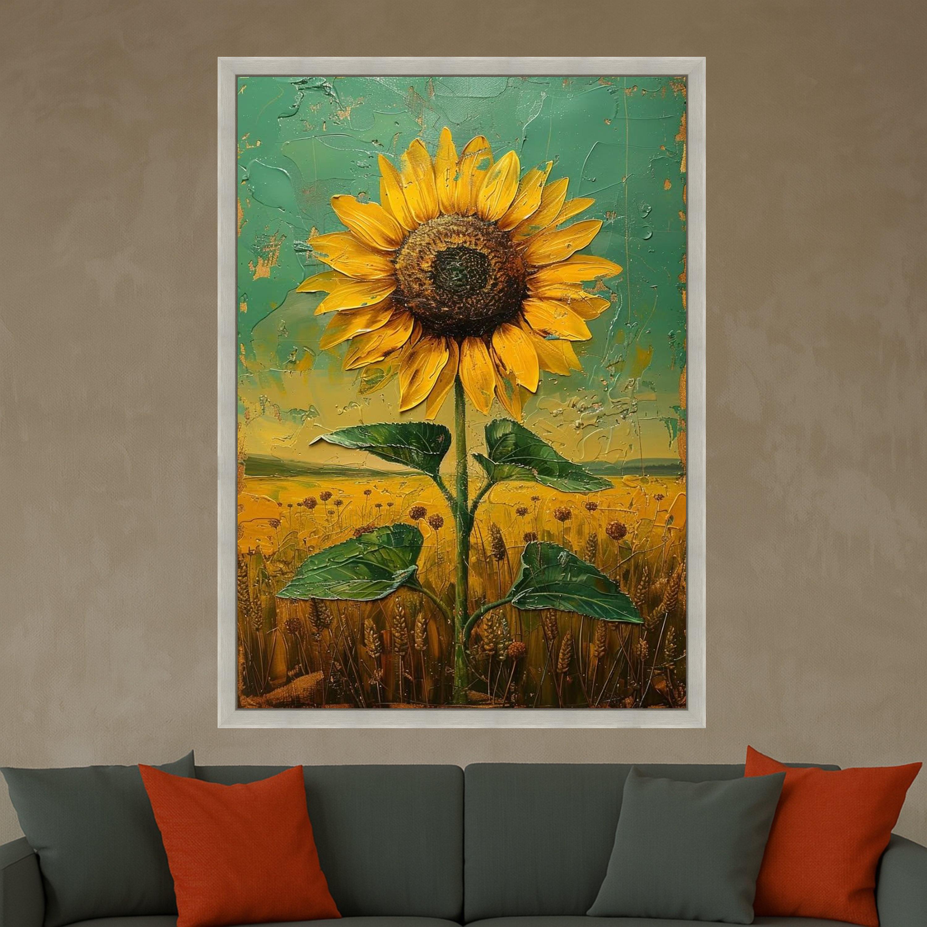 Textured Sunflower Canvas Print – Rustic Wall Art Ready to Hang – Country Style Floral Wall Decor for Kitchen or Living Room