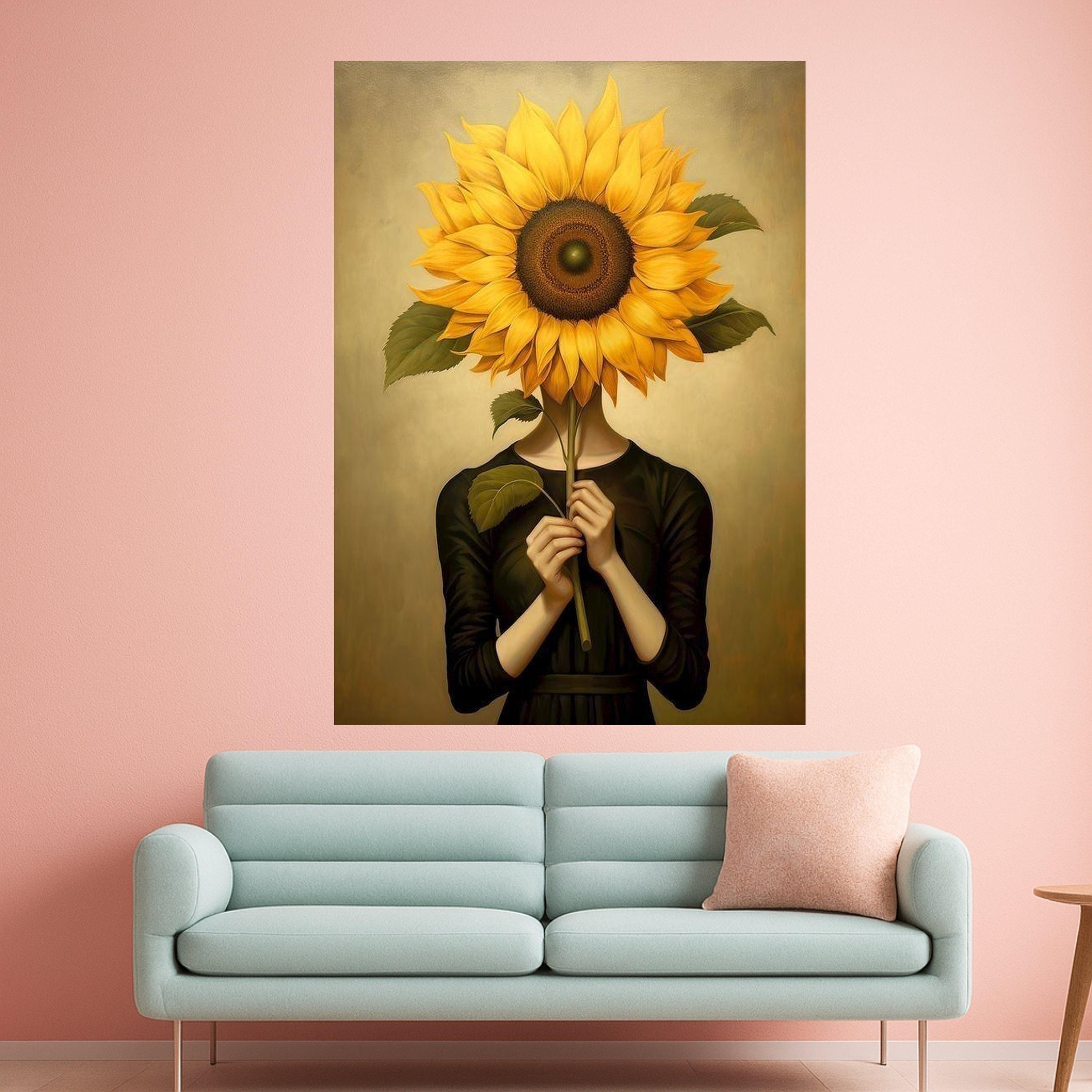 Surreal Sunflower Portrait Canvas, Woman Holding Sunflower Wall Art, Modern Botanical Canvas, Unique Home Decoration, Ready Ready To Hang,