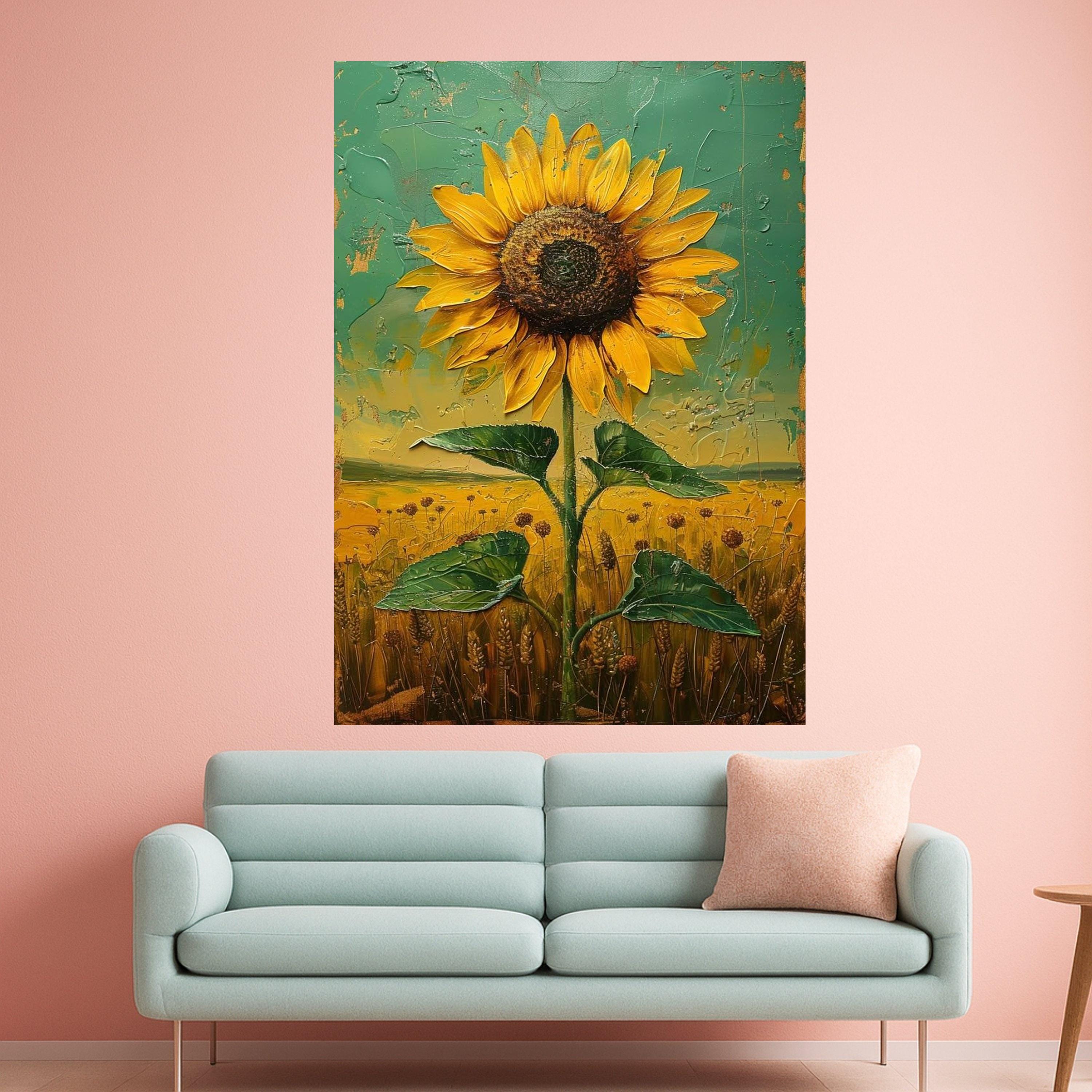 Textured Sunflower Canvas Print – Rustic Wall Art Ready to Hang – Country Style Floral Wall Decor for Kitchen or Living Room