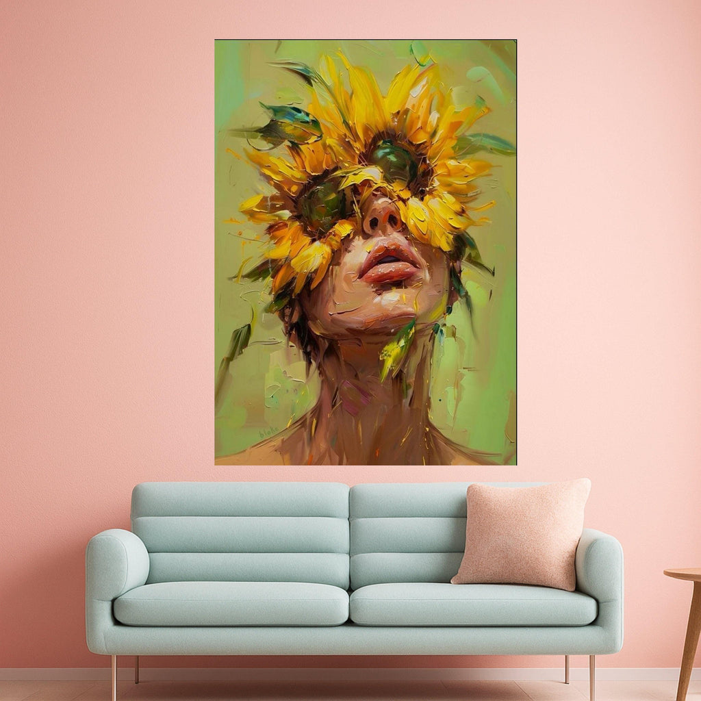 Abstract Sunflower Woman Canvas Print – Modern Portrait Wall Art, Bold Floral Wall Decor, Ready to Hang Eclectic Home Decoration