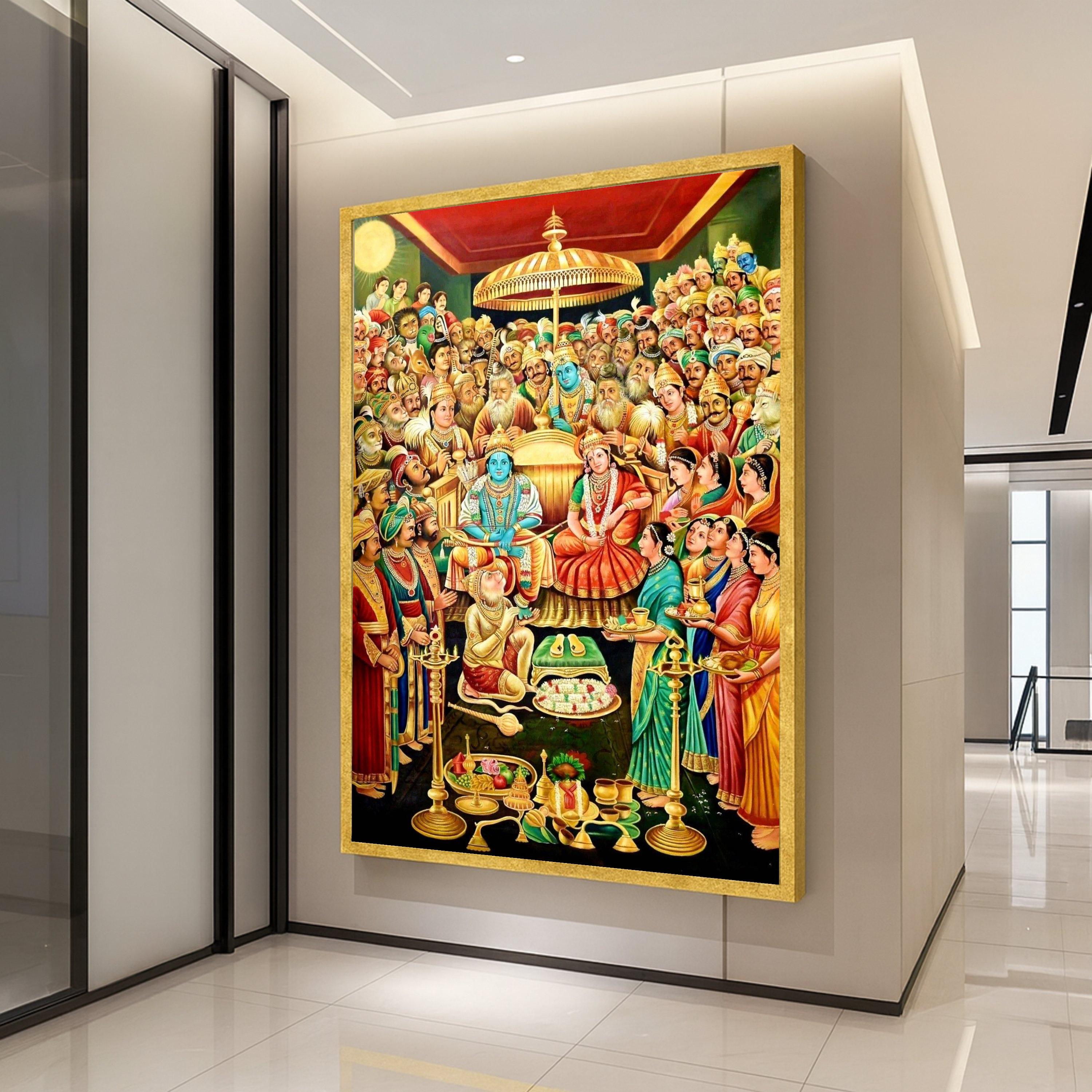 Ram Darbar Coronation Canvas Print – Tanjore Style Hindu Wall Art, Ready to Hang Religious Wall Decor, Indian Spiritual Home Decoration