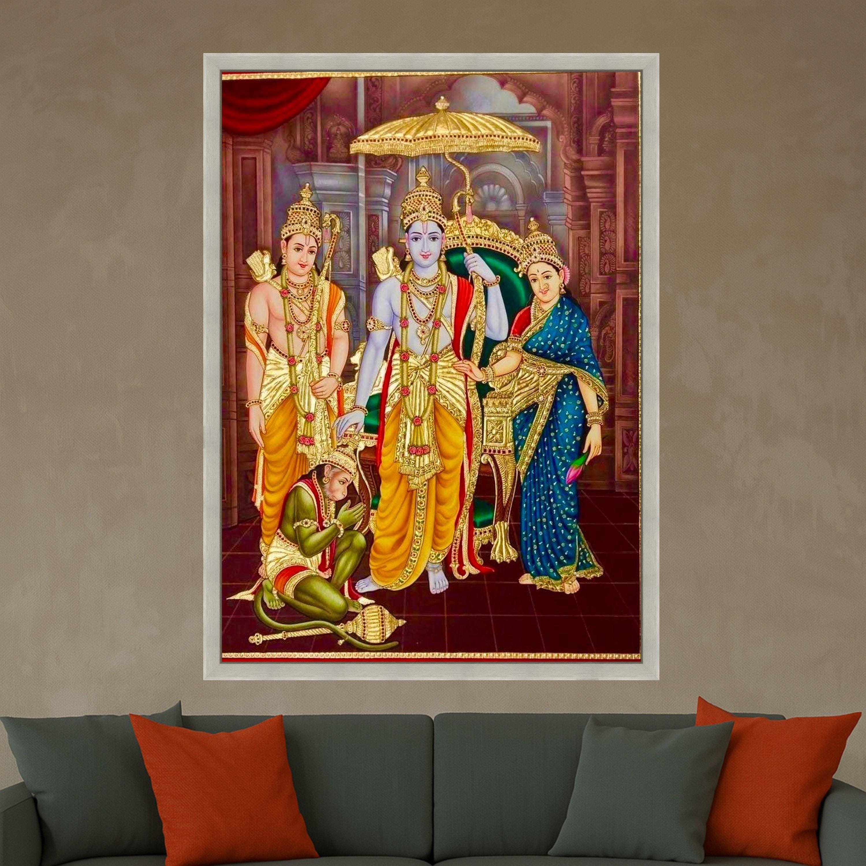 Vibrant Ram Darbar Canvas Print – Hindu Wall Art, Ready to Hang Religious Wall Decor, Indian Temple Style Wall Decoration