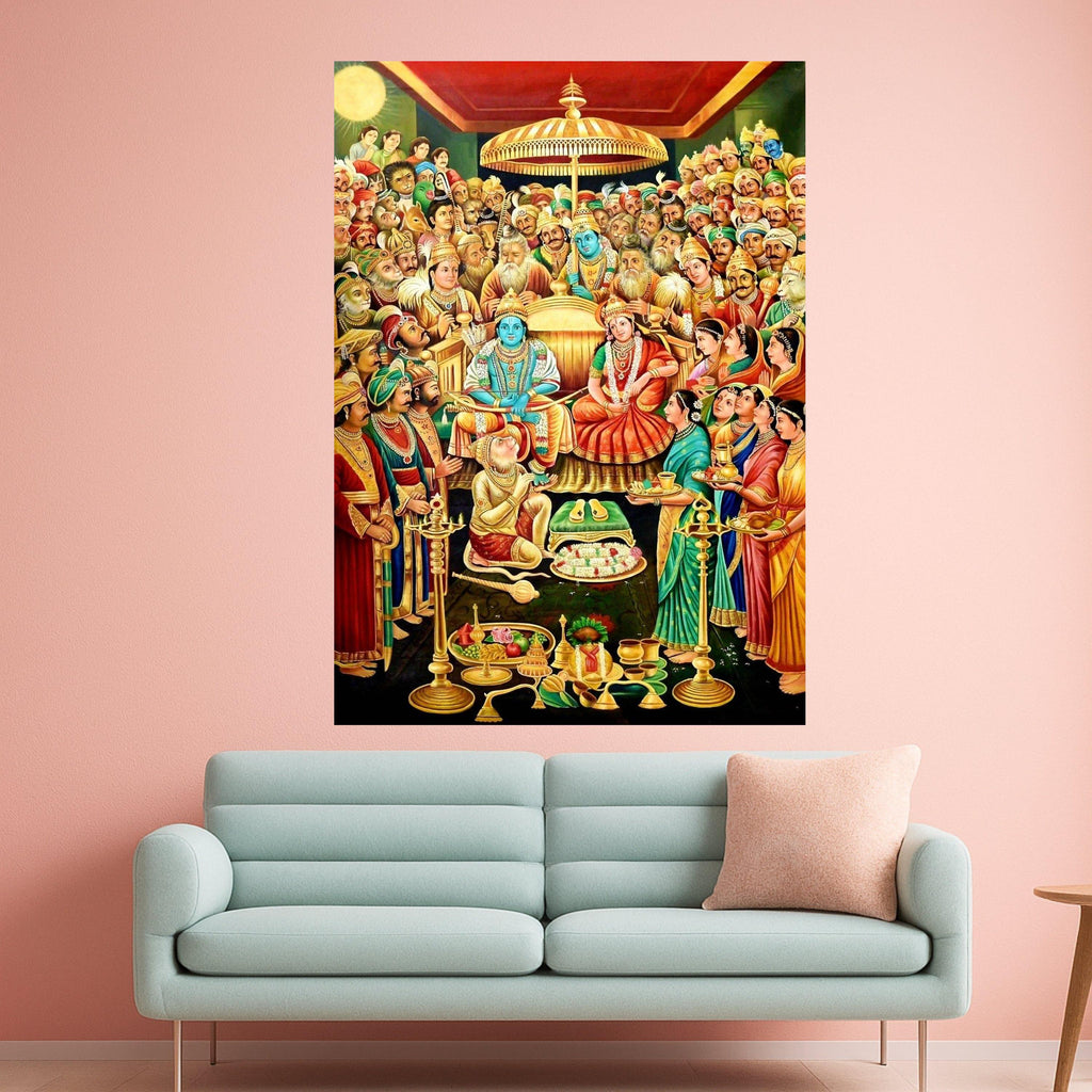 Ram Darbar Coronation Canvas Print – Tanjore Style Hindu Wall Art, Ready to Hang Religious Wall Decor, Indian Spiritual Home Decoration
