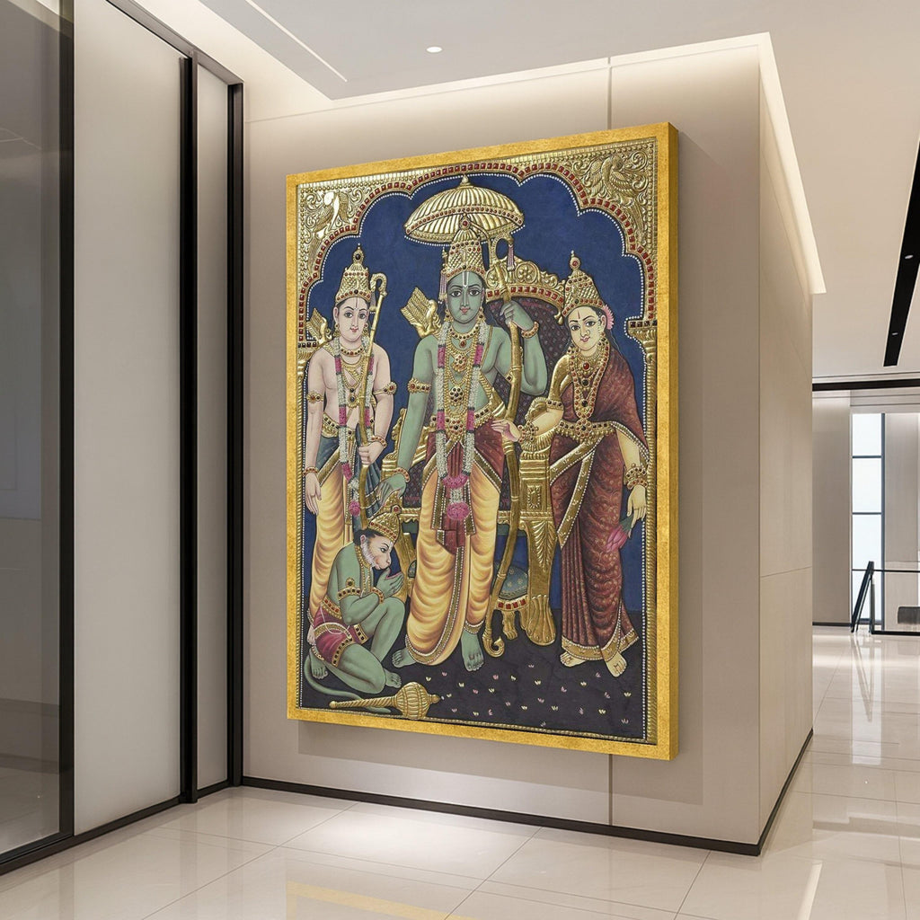 Tanjore Style Ram Darbar Canvas Print – Hindu Wall Art, Wall Decor, Ready to Hang Religious Canvas, Indian Traditional Wall Decoration