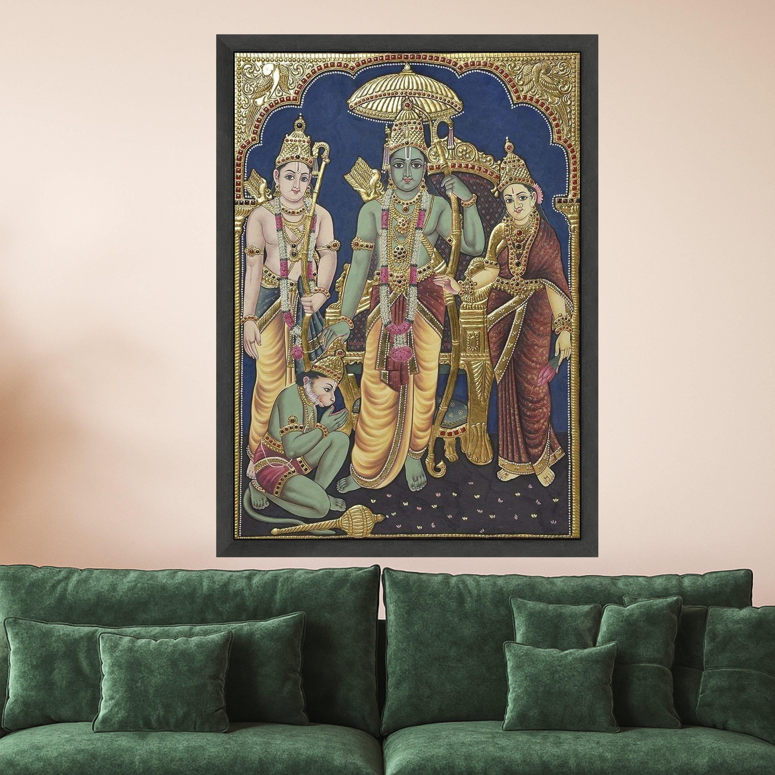 Tanjore Style Ram Darbar Canvas Print – Hindu Wall Art, Wall Decor, Ready to Hang Religious Canvas, Indian Traditional Wall Decoration