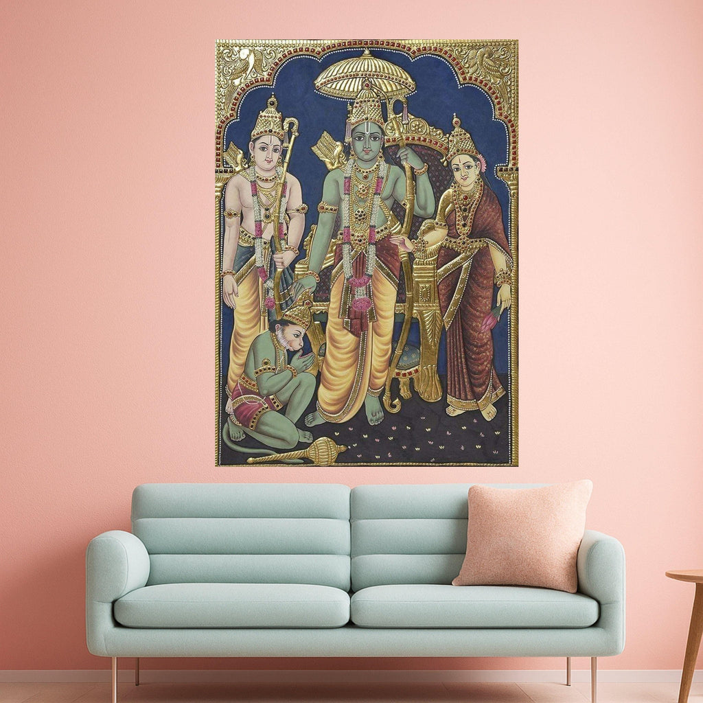 Tanjore Style Ram Darbar Canvas Print – Hindu Wall Art, Wall Decor, Ready to Hang Religious Canvas, Indian Traditional Wall Decoration
