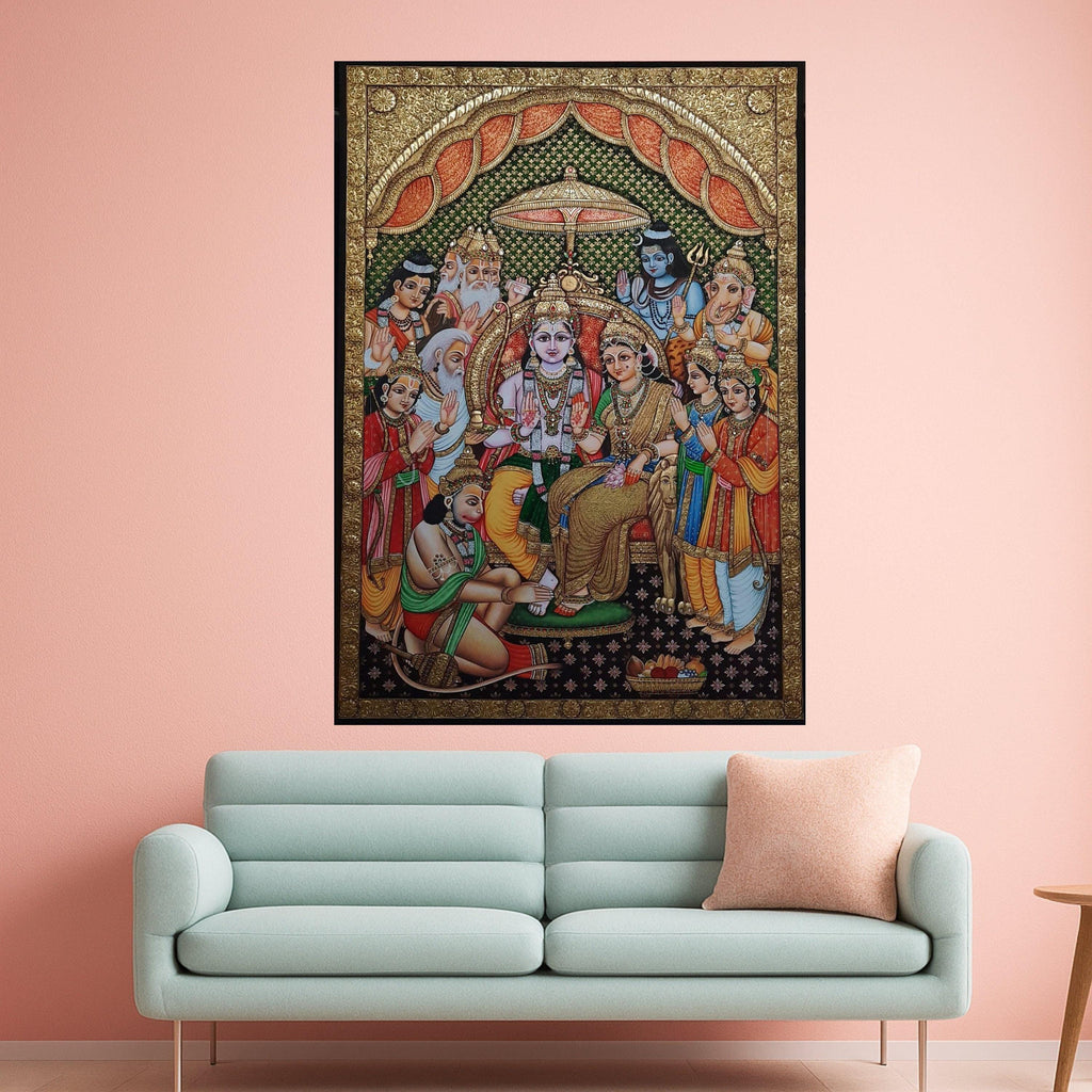 Ram Darbar Canvas Print – Hindu Wall Art of Lord Rama, Sita, Hanuman, Devotional Wall Decoration, Indian Spiritual Wall Decor, Ready to Hang