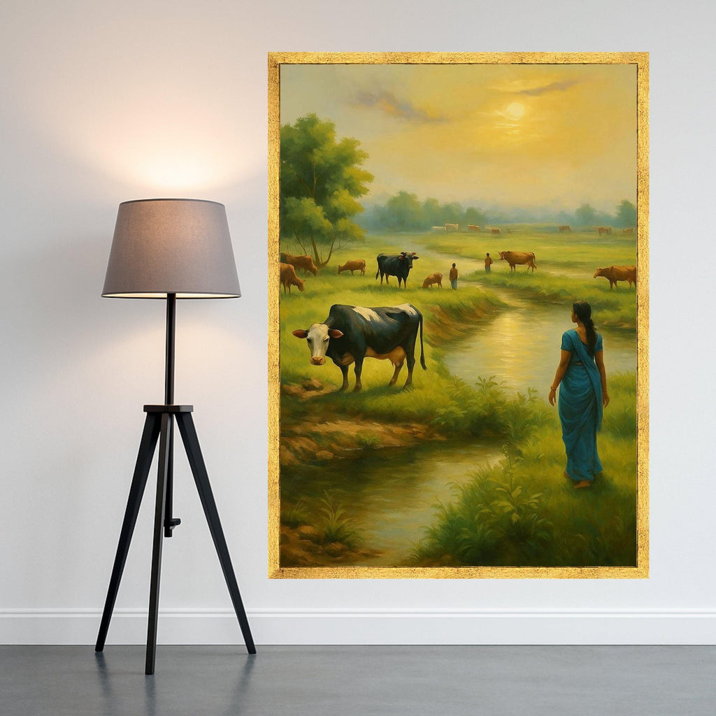 Indian Village Canvas Print – Rural Landscape Wall Art with Woman and Cows, Cultural Wall Decoration, Ready to Hang Wall Decor