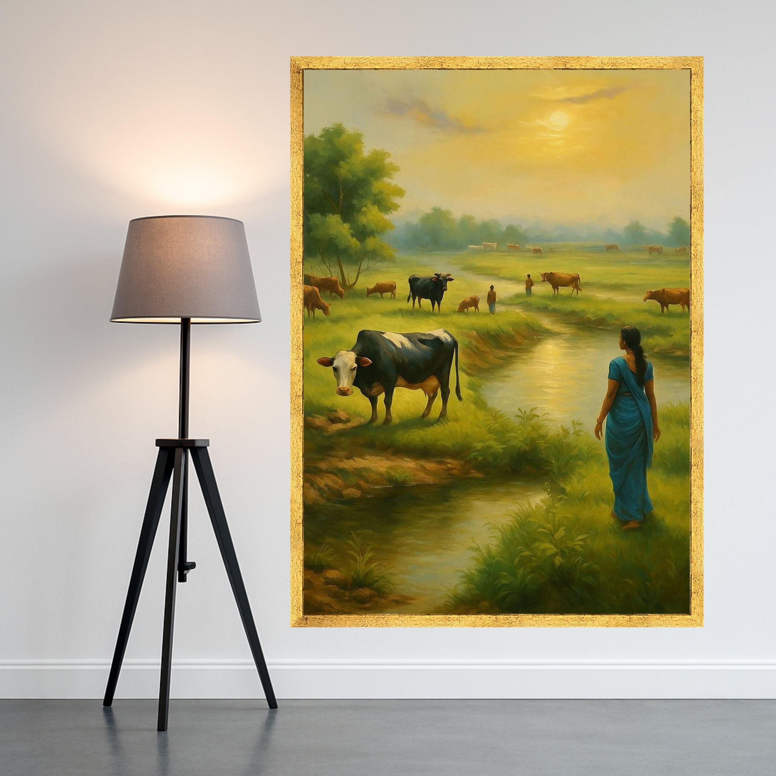 Indian Village Canvas Print – Rural Landscape Wall Art with Woman and Cows, Cultural Wall Decoration, Ready to Hang Wall Decor