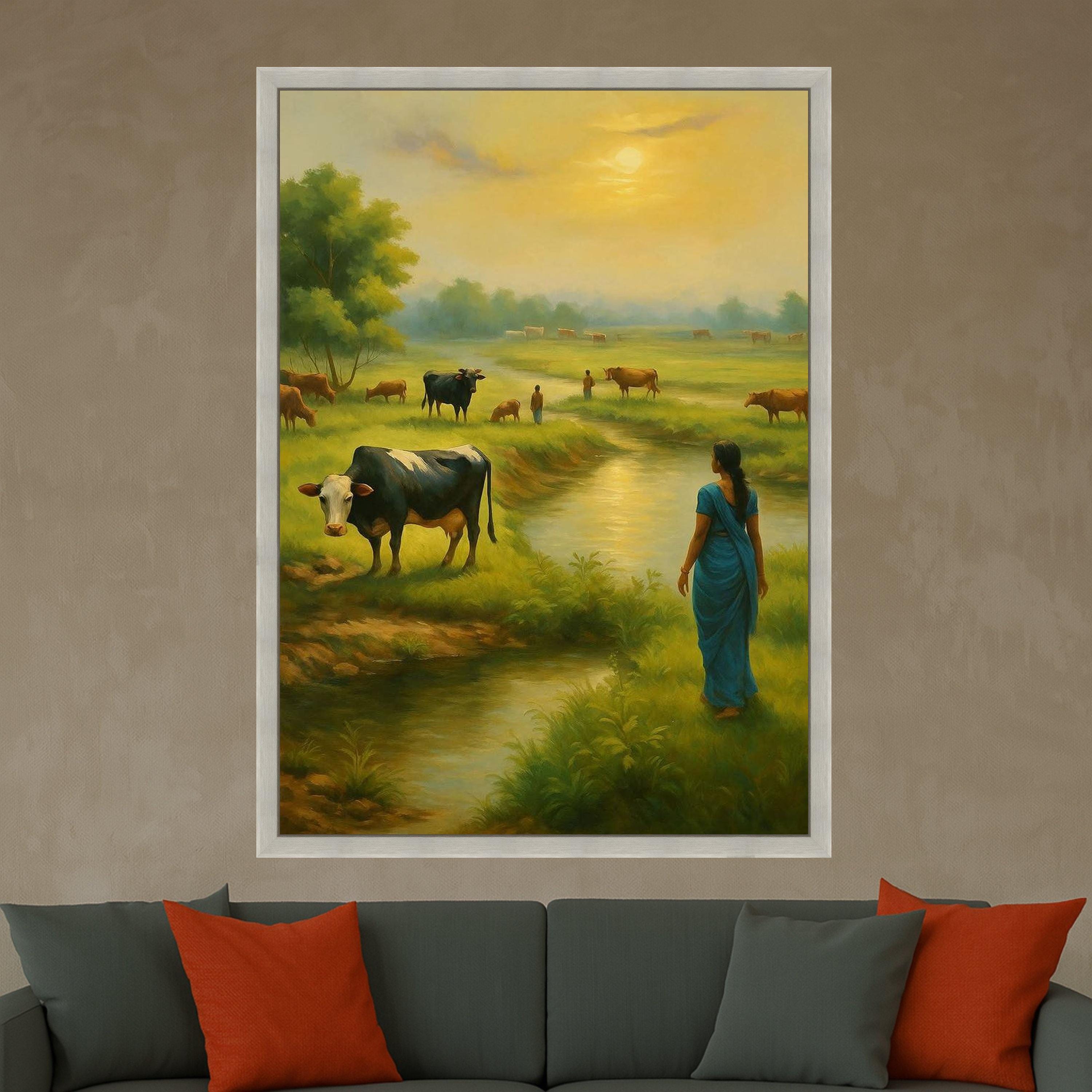 Indian Village Canvas Print – Rural Landscape Wall Art with Woman and Cows, Cultural Wall Decoration, Ready to Hang Wall Decor