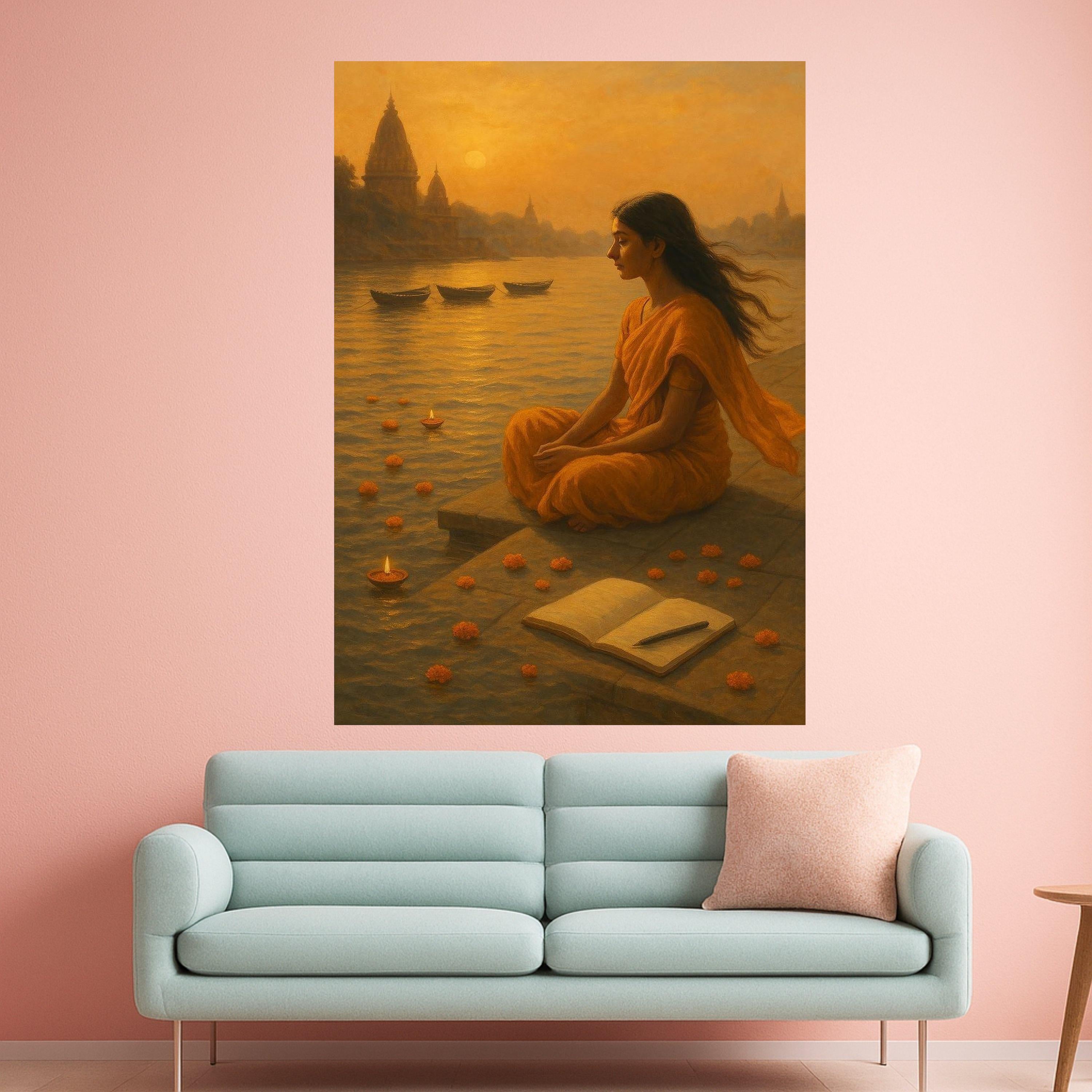Meditation Canvas Print – Indian Spiritual Wall Art with River and Diyas, Peaceful Wall Decoration, Ready to Hang Sacred Wall Decor