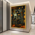 Halloween Village Canvas Print – Black Cat Wall Art, Pumpkin Wall Decor, Spooky Autumn Wall Decoration, Ready to Hang Halloween Art