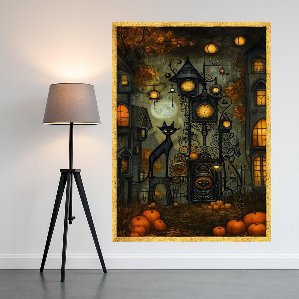 Halloween Village Canvas Print – Black Cat Wall Art, Pumpkin Wall Decor, Spooky Autumn Wall Decoration, Ready to Hang Halloween Art