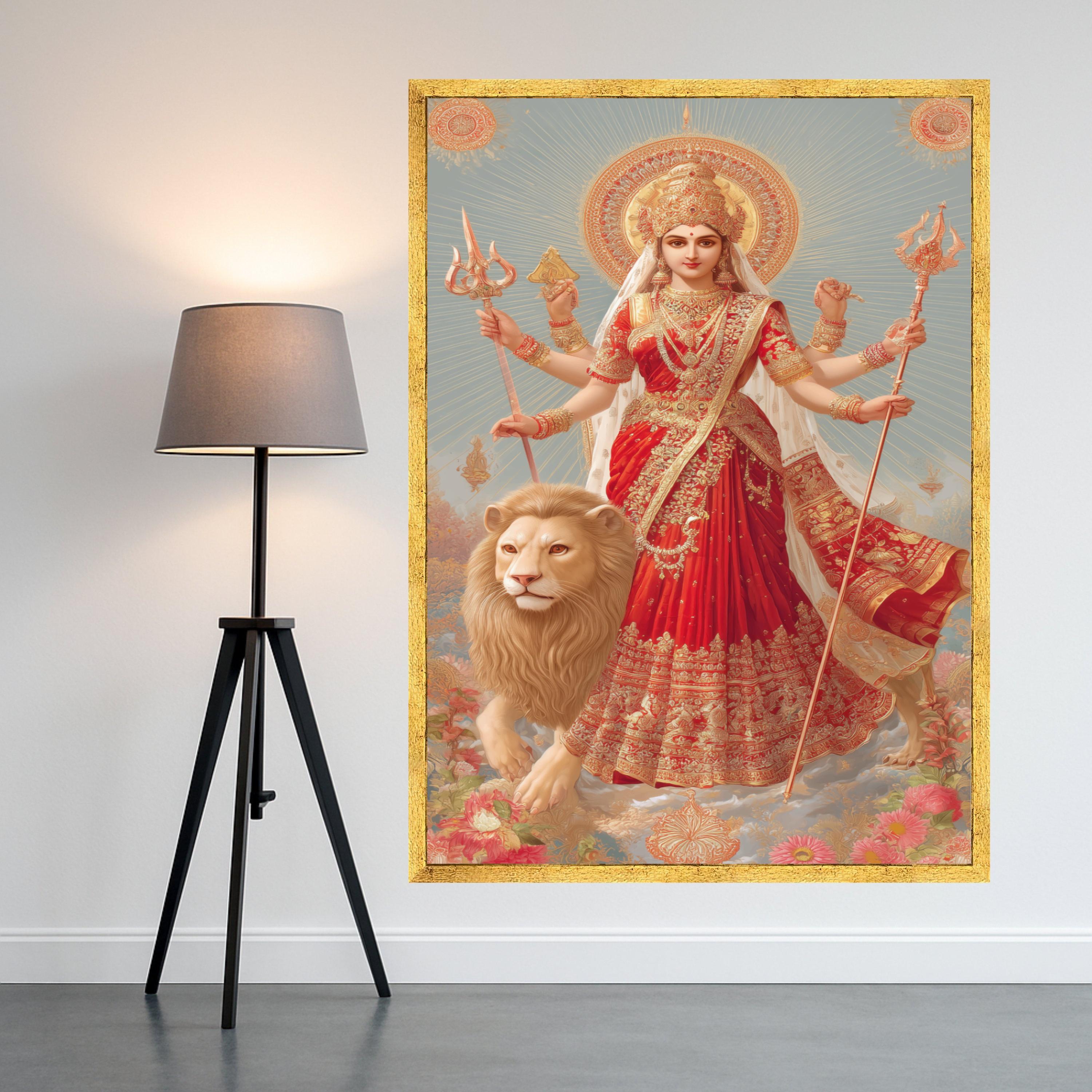 Goddess Durga Canvas Print – Hindu Wall Art with Lion, Spiritual Wall Decoration, Indian Religious Wall Decor, Ready to Hang Canvas