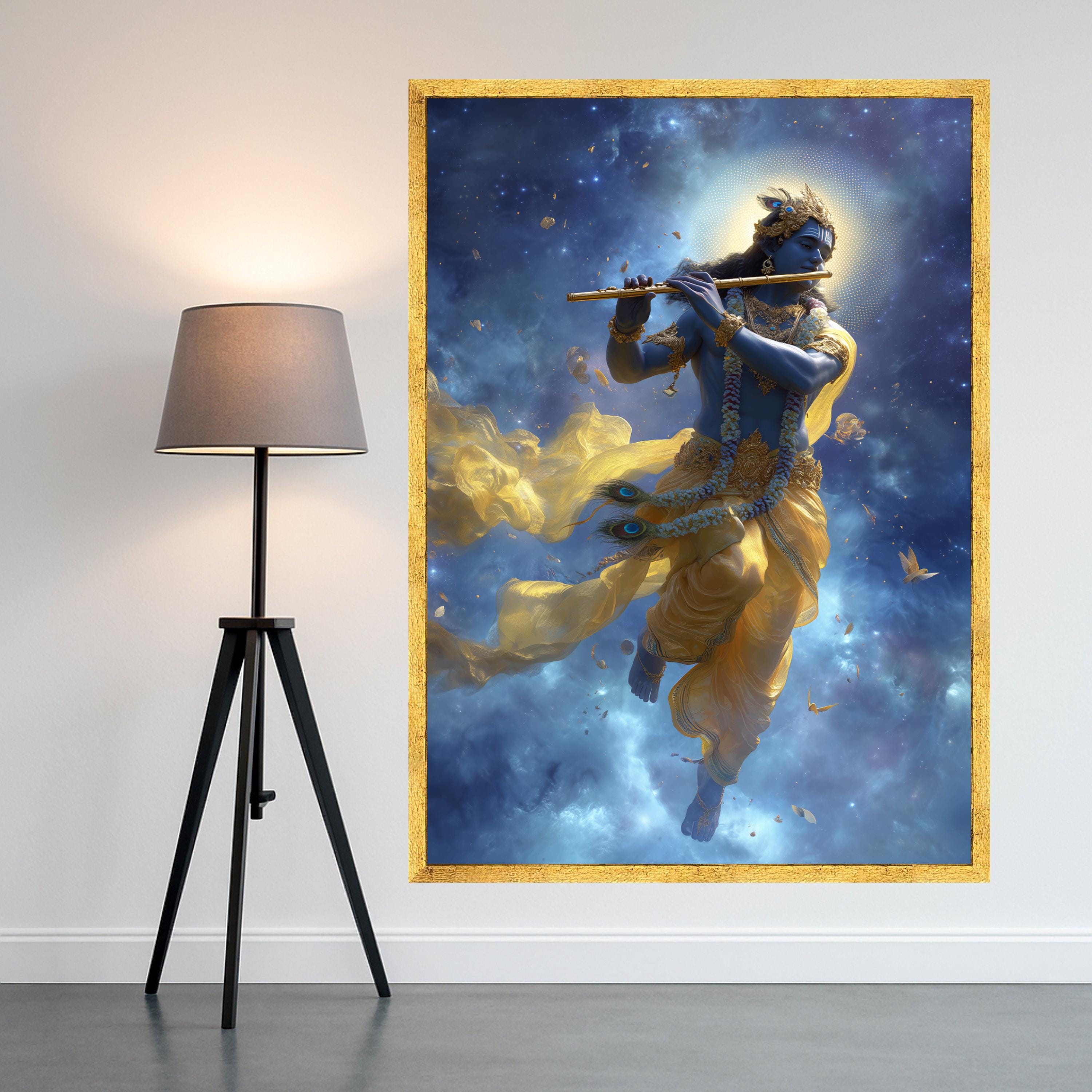 Lord Krishna Canvas Print – Hindu Wall Art with Flute, Spiritual Wall Decoration, Divine Indian Wall Decor, Ready to Hang Wall Art