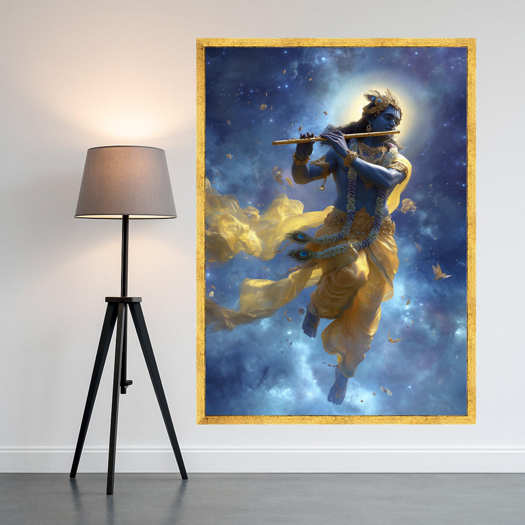 Lord Krishna Canvas Print – Hindu Wall Art with Flute, Spiritual Wall Decoration, Divine Indian Wall Decor, Ready to Hang Wall Art