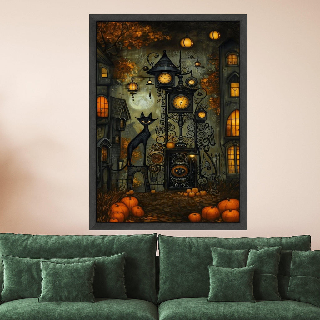 Halloween Village Canvas Print – Black Cat Wall Art, Pumpkin Wall Decor, Spooky Autumn Wall Decoration, Ready to Hang Halloween Art