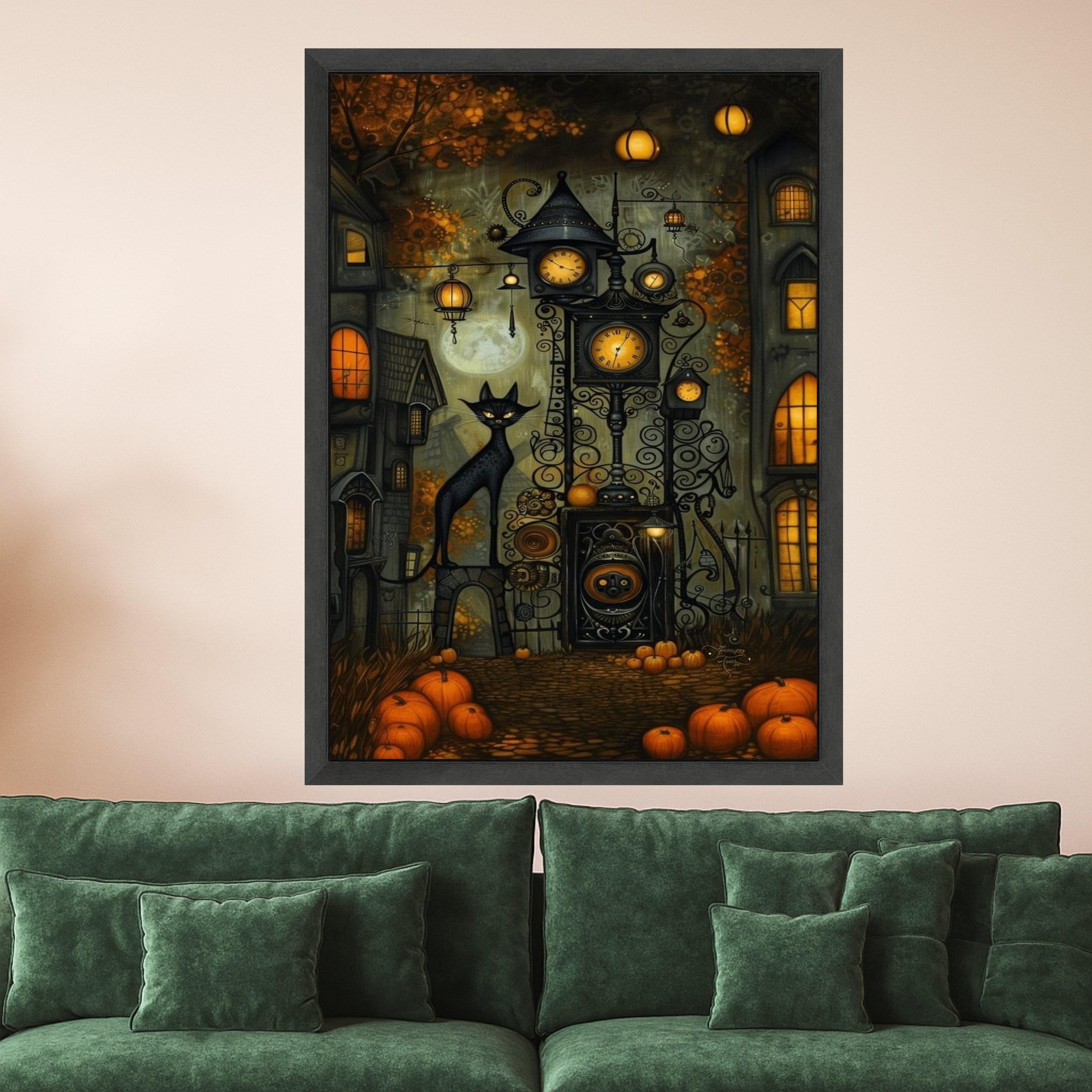 Halloween Village Canvas Print – Black Cat Wall Art, Pumpkin Wall Decor, Spooky Autumn Wall Decoration, Ready to Hang Halloween Art