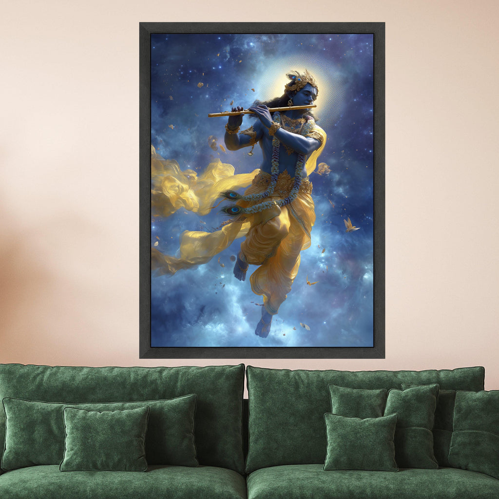 Lord Krishna Canvas Print – Hindu Wall Art with Flute, Spiritual Wall Decoration, Divine Indian Wall Decor, Ready to Hang Wall Art