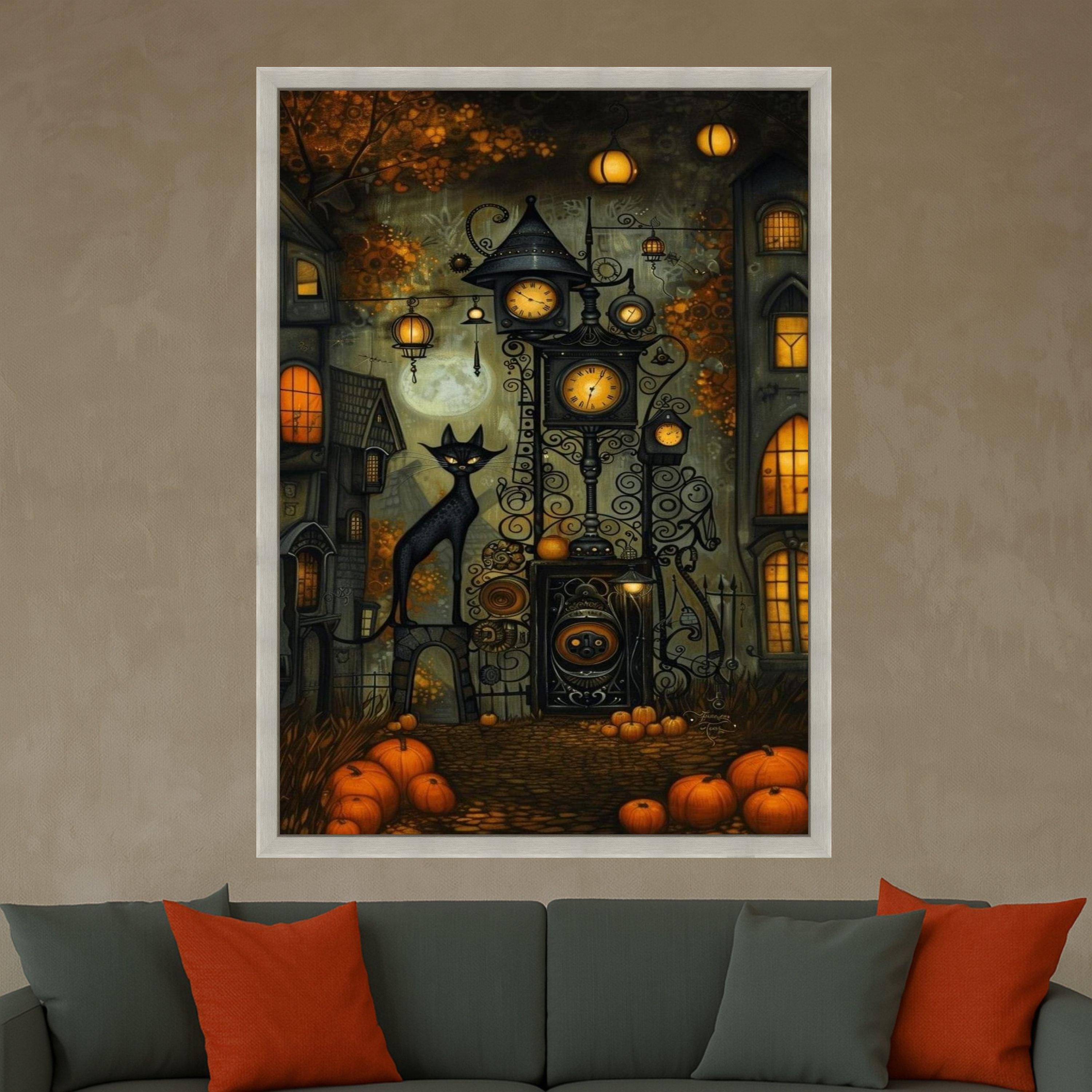 Halloween Village Canvas Print – Black Cat Wall Art, Pumpkin Wall Decor, Spooky Autumn Wall Decoration, Ready to Hang Halloween Art