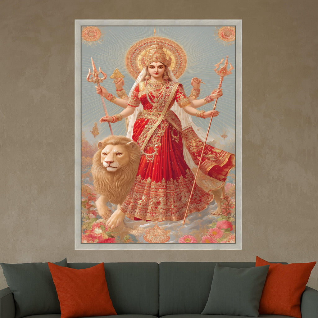 Goddess Durga Canvas Print – Hindu Wall Art with Lion, Spiritual Wall Decoration, Indian Religious Wall Decor, Ready to Hang Canvas