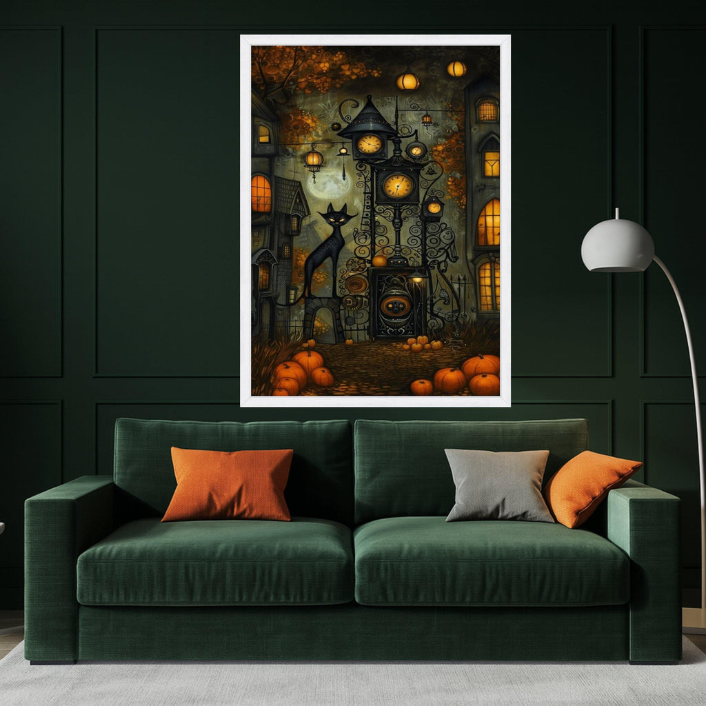 Halloween Village Canvas Print – Black Cat Wall Art, Pumpkin Wall Decor, Spooky Autumn Wall Decoration, Ready to Hang Halloween Art
