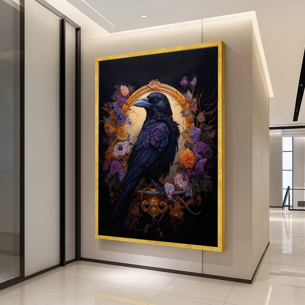 Raven Canvas Print – Gothic Wall Art with Black Bird and Roses, Dark Romantic Wall Decoration, Baroque Raven Wall Decor Ready to Hang