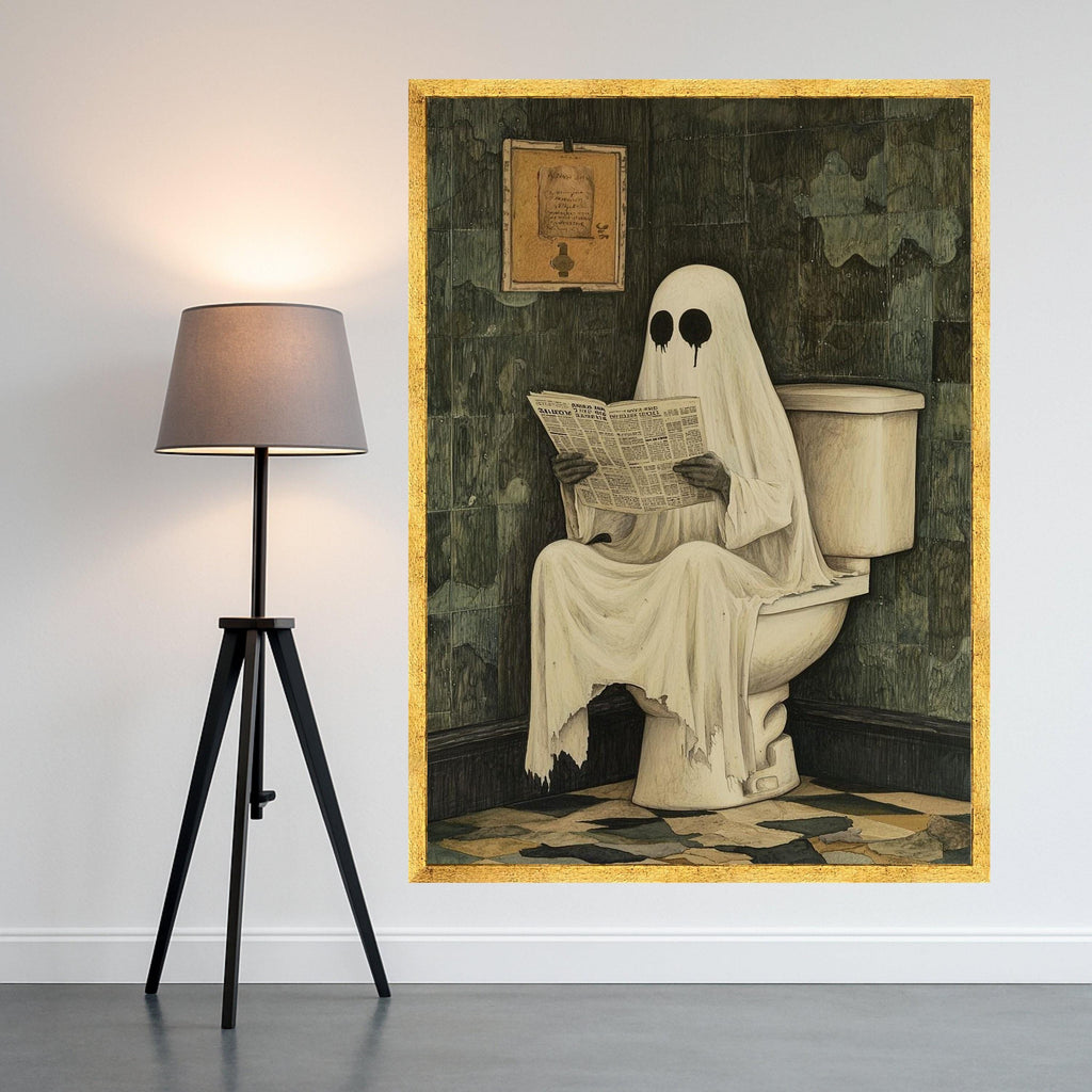Funny Ghost Canvas Print – Halloween Wall Art, Spooky Bathroom Wall Decoration, Humorous Wall Decor, Ready to Hang Canvas