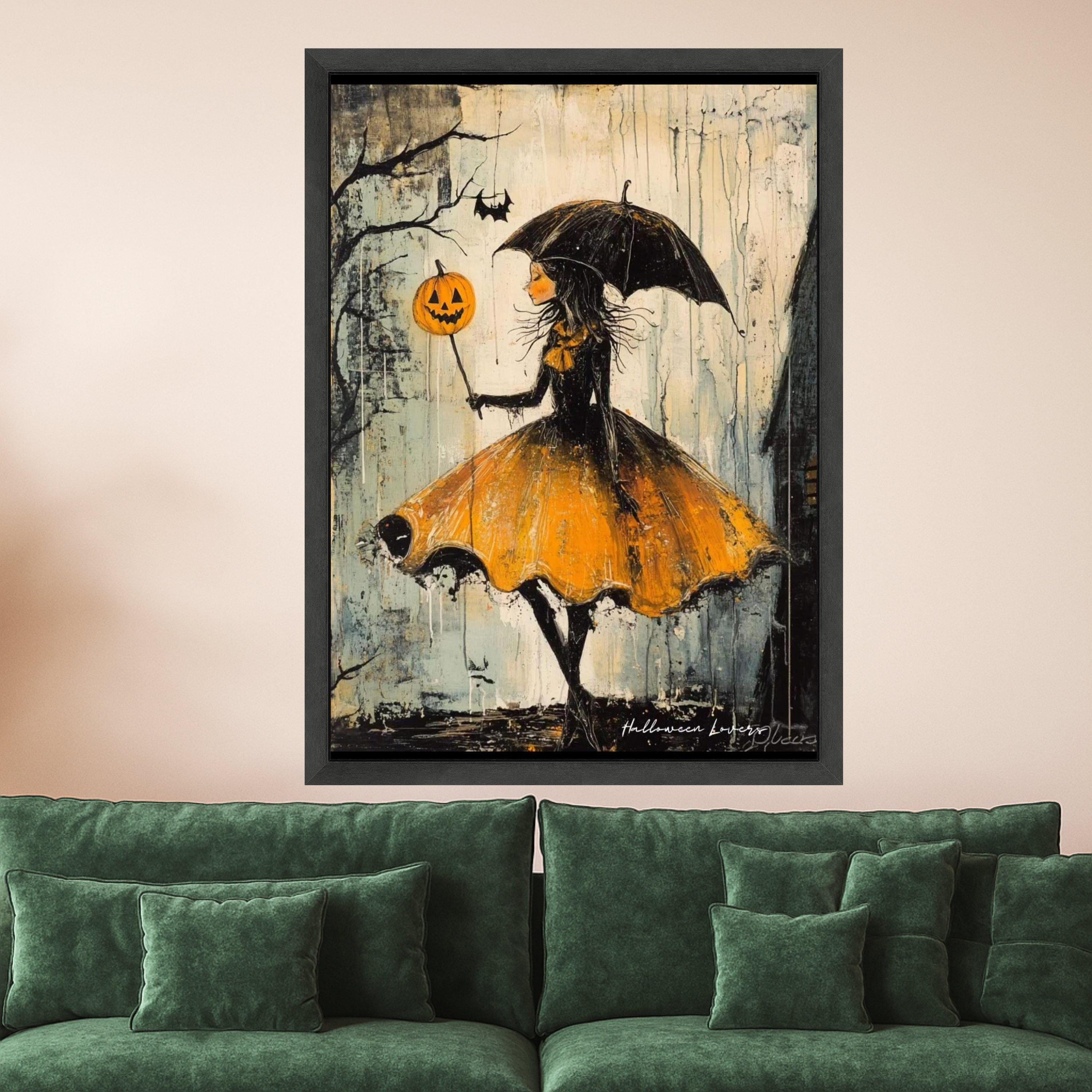Halloween Girl Canvas Print – Whimsical Wall Art, Pumpkin Balloon Wall Decoration, Dark Wall Artwork, Ready to Hang Decor