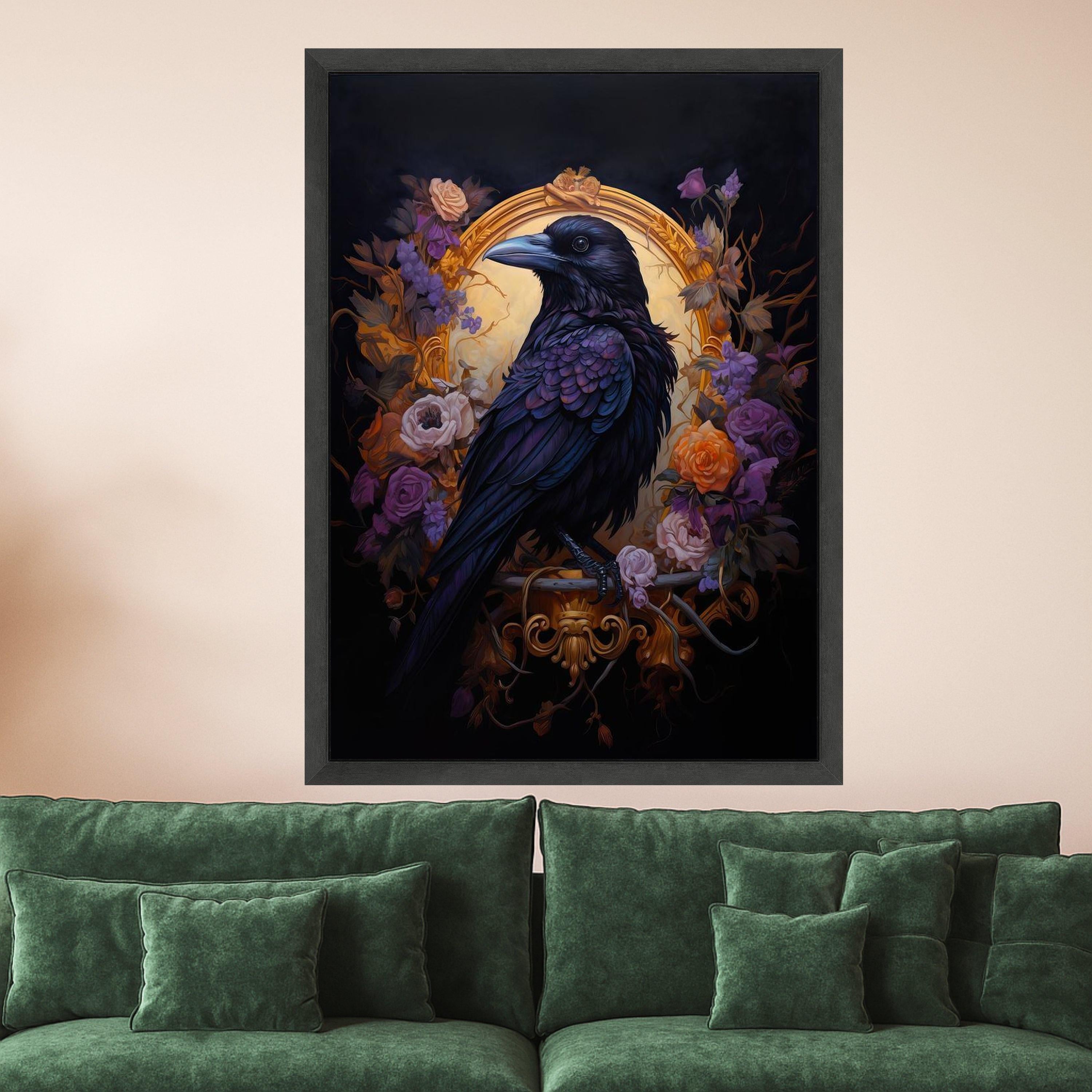 Raven Canvas Print – Gothic Wall Art with Black Bird and Roses, Dark Romantic Wall Decoration, Baroque Raven Wall Decor Ready to Hang