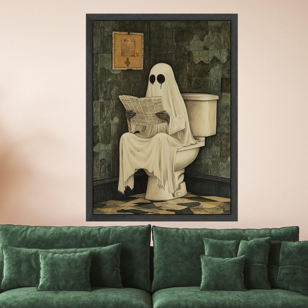 Funny Ghost Canvas Print – Halloween Wall Art, Spooky Bathroom Wall Decoration, Humorous Wall Decor, Ready to Hang Canvas