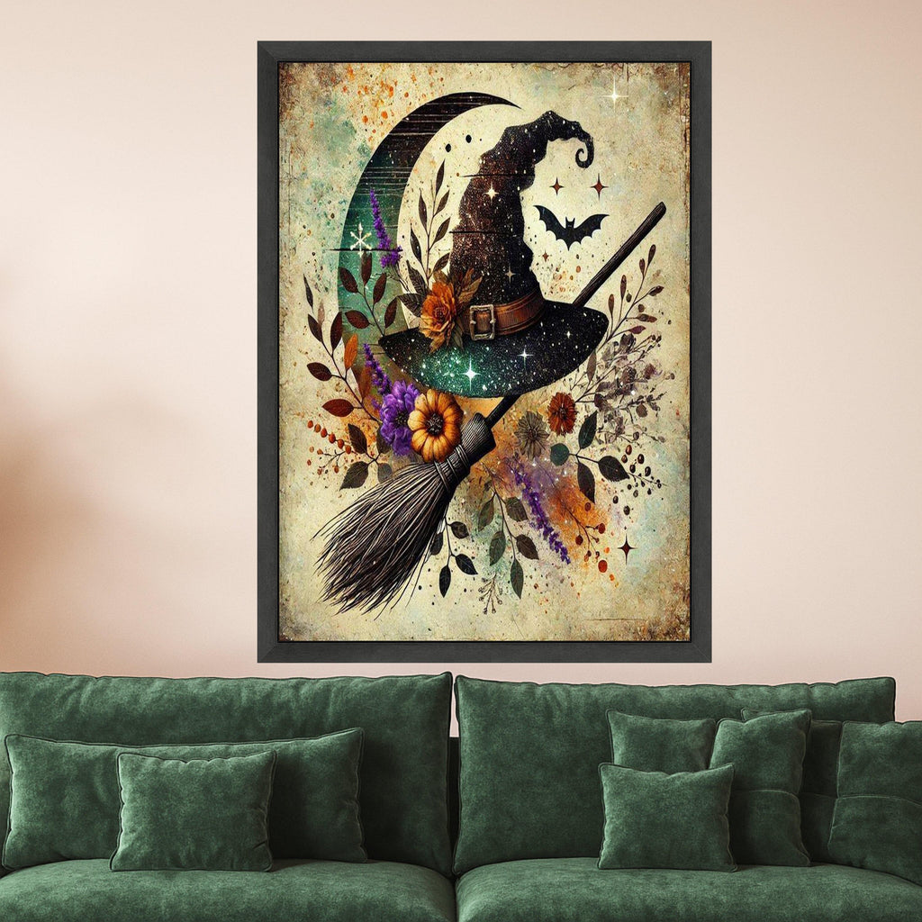 Witch Hat Halloween Canvas Print – Mystical Wall Art, Rustic Witch Broom Decor, Moon and Bat Wall Decoration, Ready to Hang Wall Decor