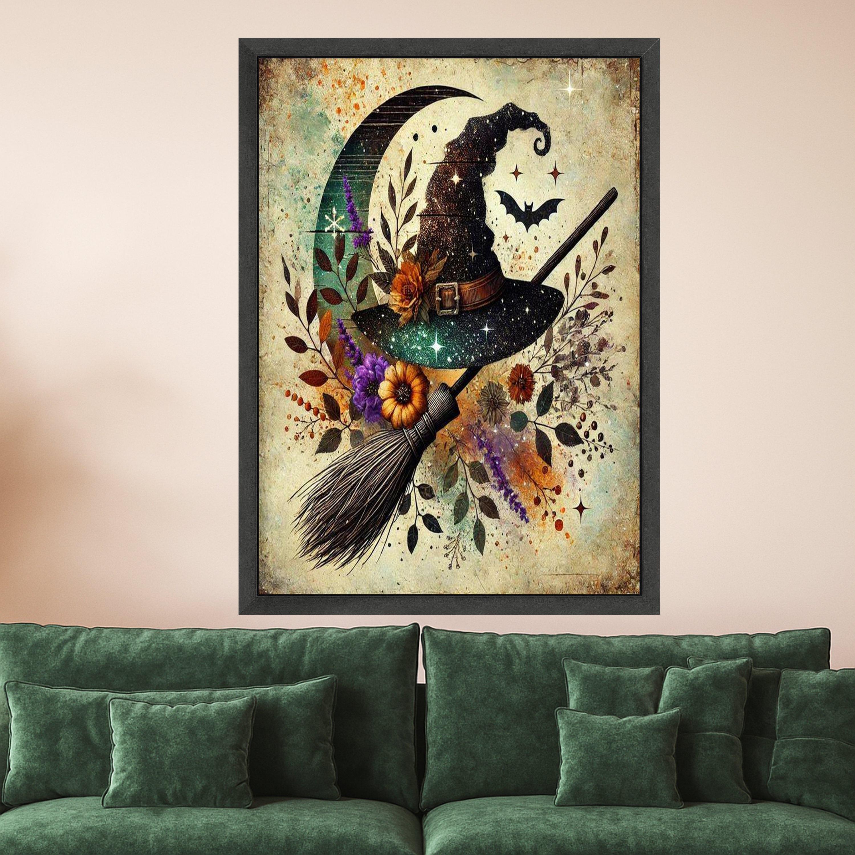 Witch Hat Halloween Canvas Print – Mystical Wall Art, Rustic Witch Broom Decor, Moon and Bat Wall Decoration, Ready to Hang Wall Decor