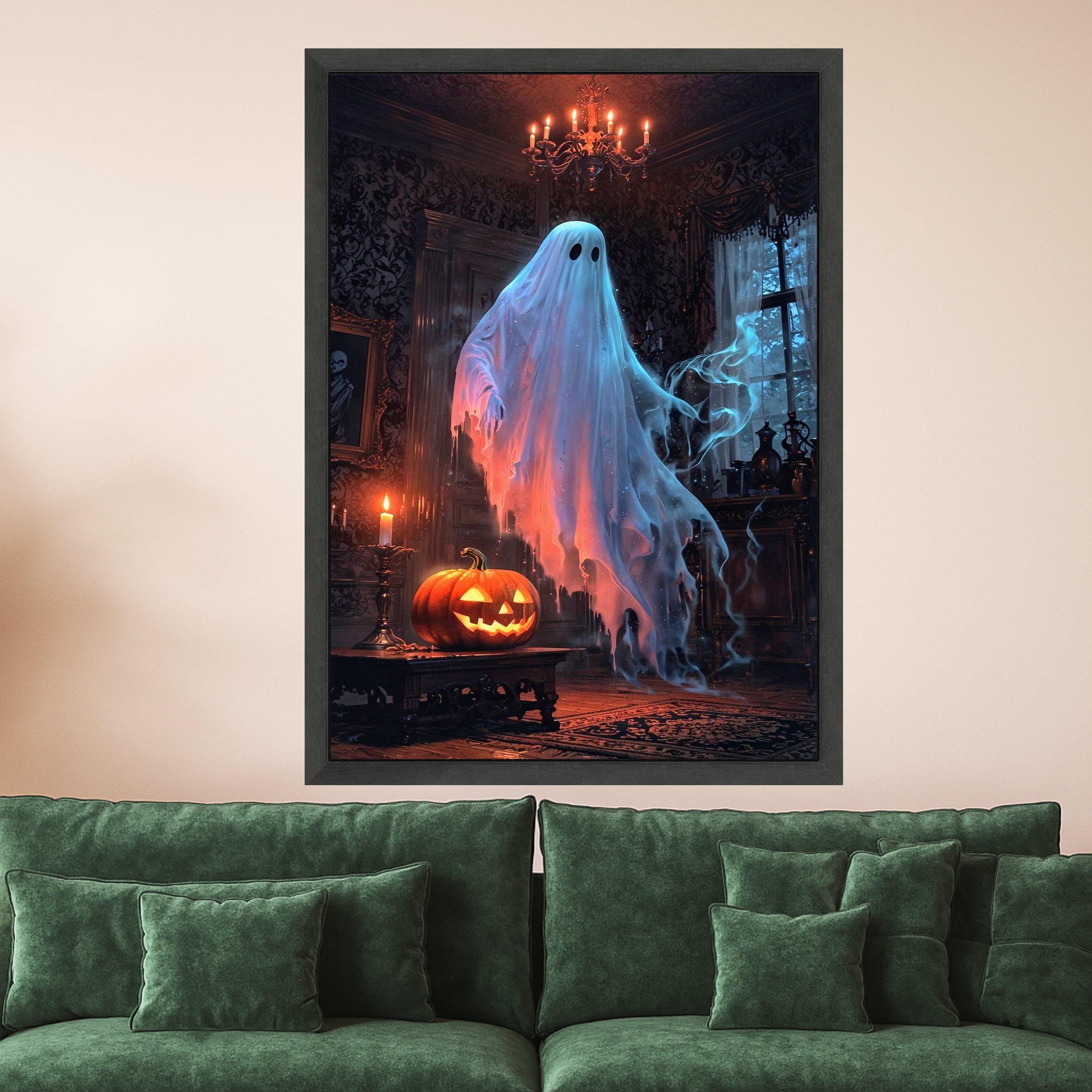 Ghost Canvas Print – Haunted House Wall Art, Halloween Wall Decoration, Spooky Wall Decor, Jack-o’-Lantern Art, Ready to Hang
