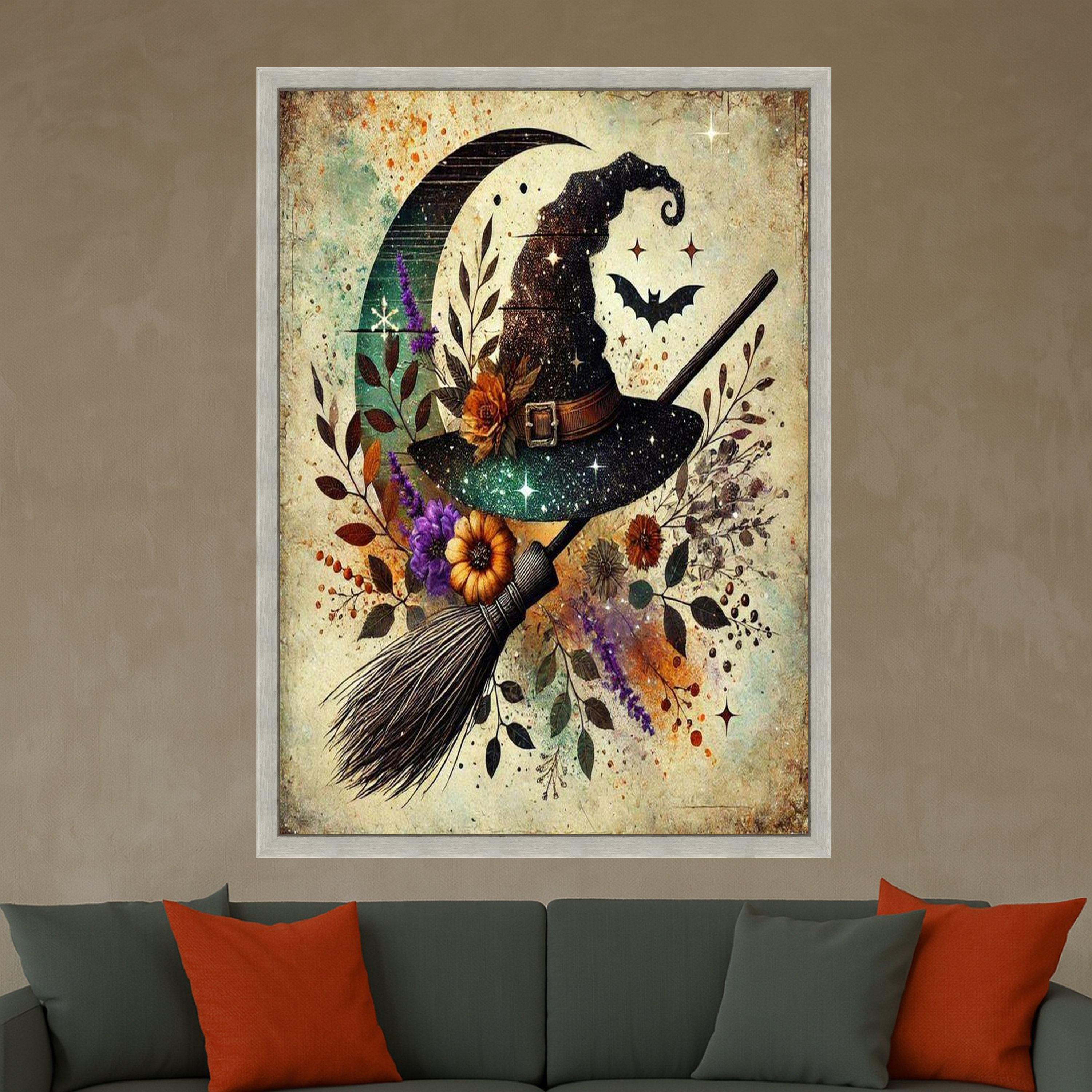 Witch Hat Halloween Canvas Print – Mystical Wall Art, Rustic Witch Broom Decor, Moon and Bat Wall Decoration, Ready to Hang Wall Decor
