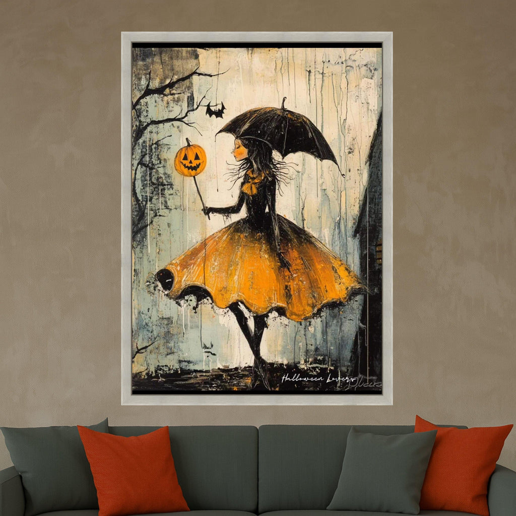 Halloween Girl Canvas Print – Whimsical Wall Art, Pumpkin Balloon Wall Decoration, Dark Wall Artwork, Ready to Hang Decor