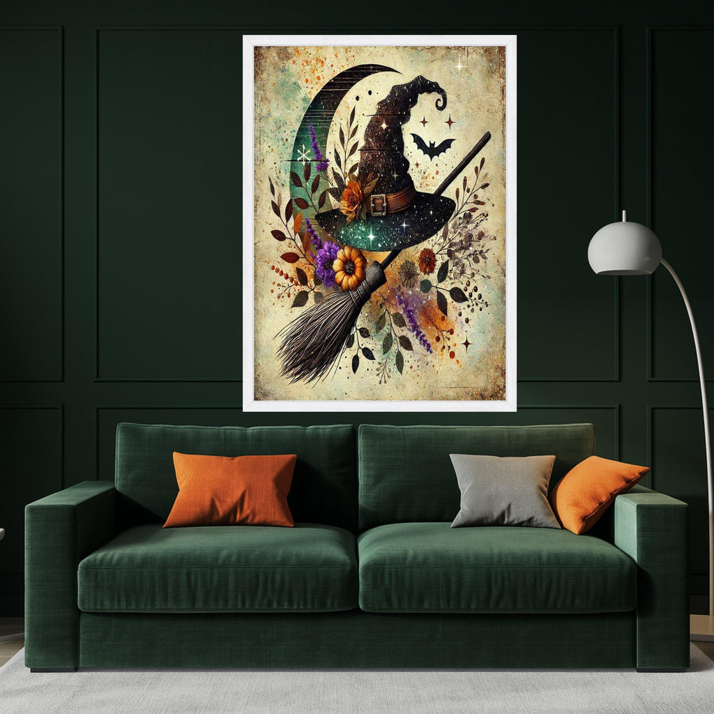 Witch Hat Halloween Canvas Print – Mystical Wall Art, Rustic Witch Broom Decor, Moon and Bat Wall Decoration, Ready to Hang Wall Decor
