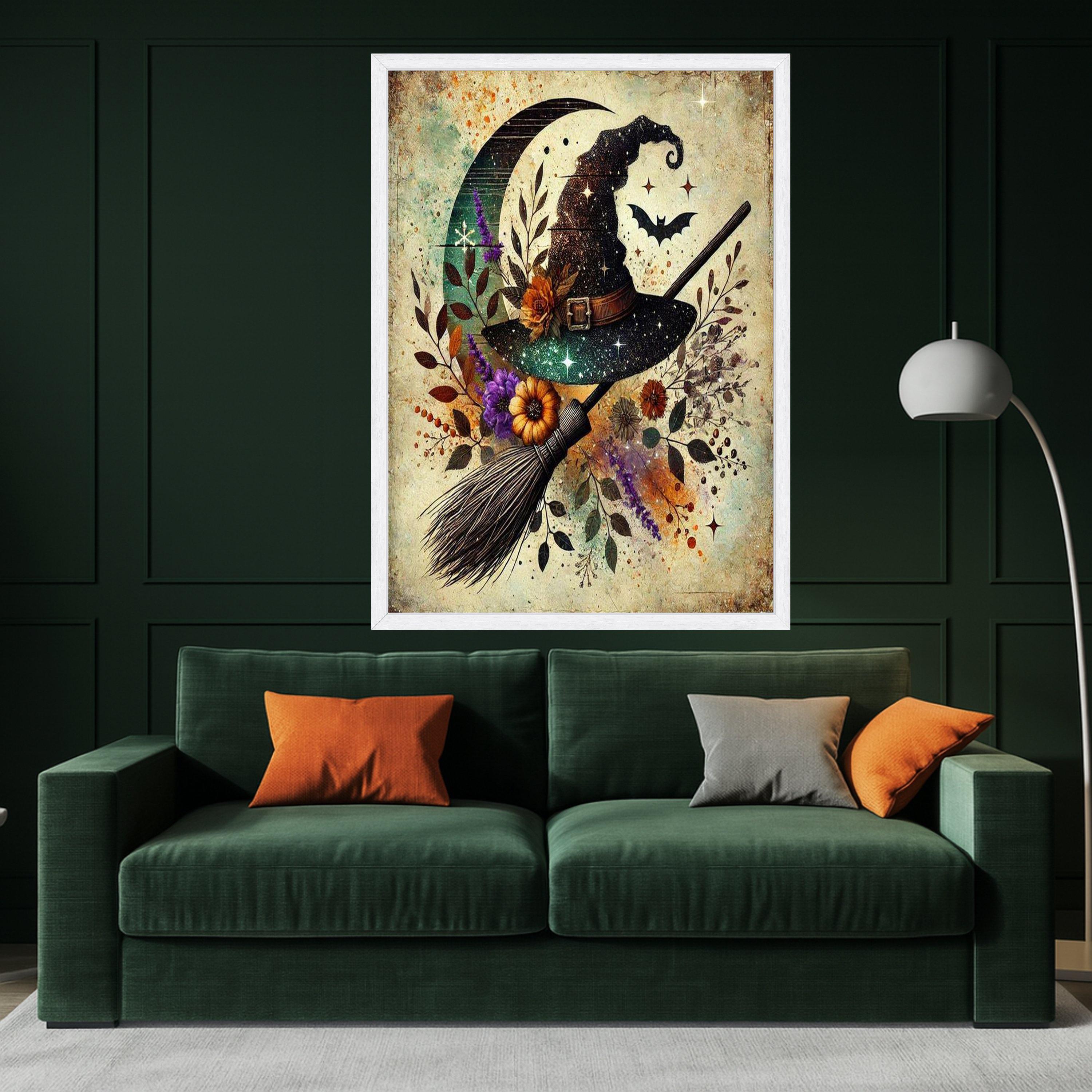 Witch Hat Halloween Canvas Print – Mystical Wall Art, Rustic Witch Broom Decor, Moon and Bat Wall Decoration, Ready to Hang Wall Decor