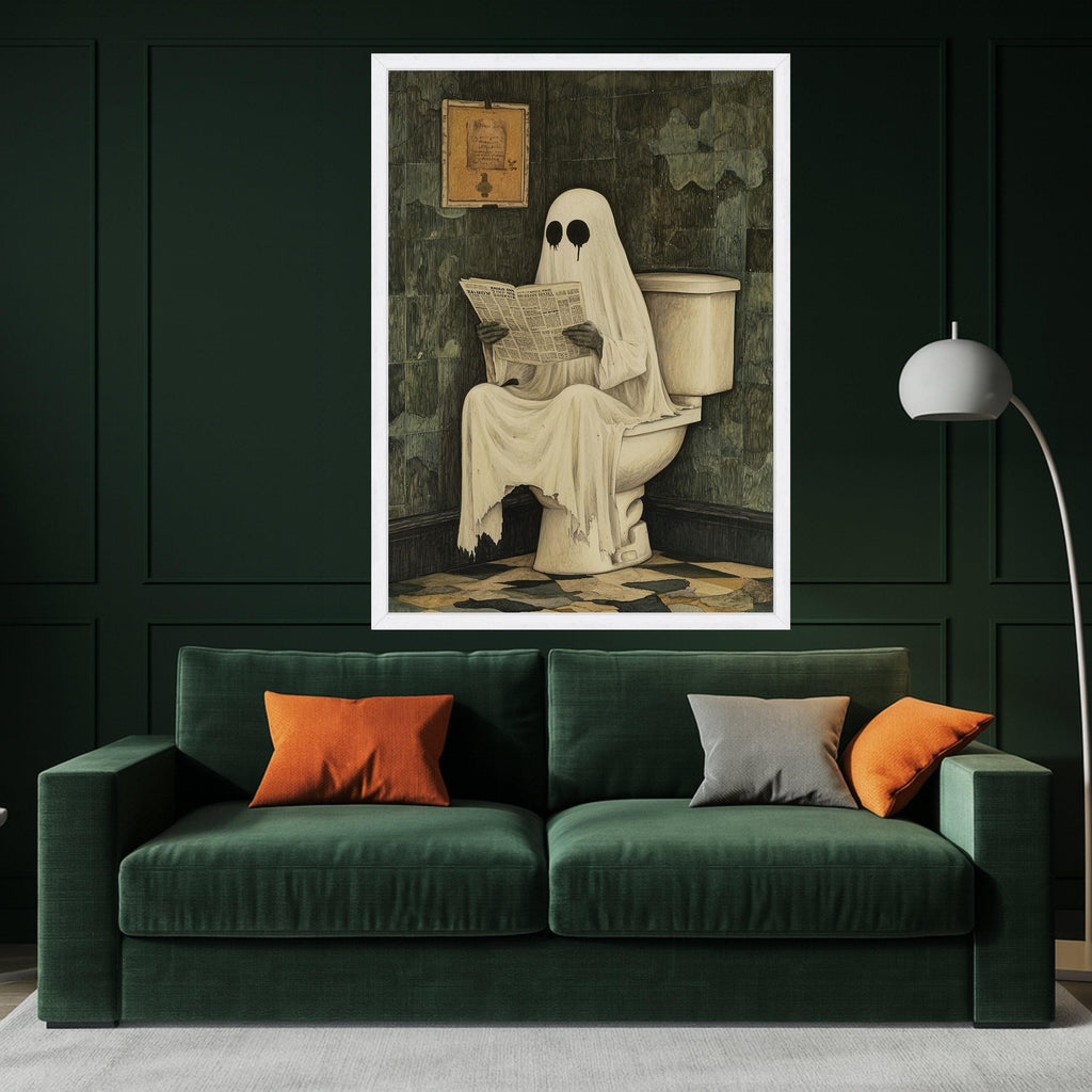 Funny Ghost Canvas Print – Halloween Wall Art, Spooky Bathroom Wall Decoration, Humorous Wall Decor, Ready to Hang Canvas