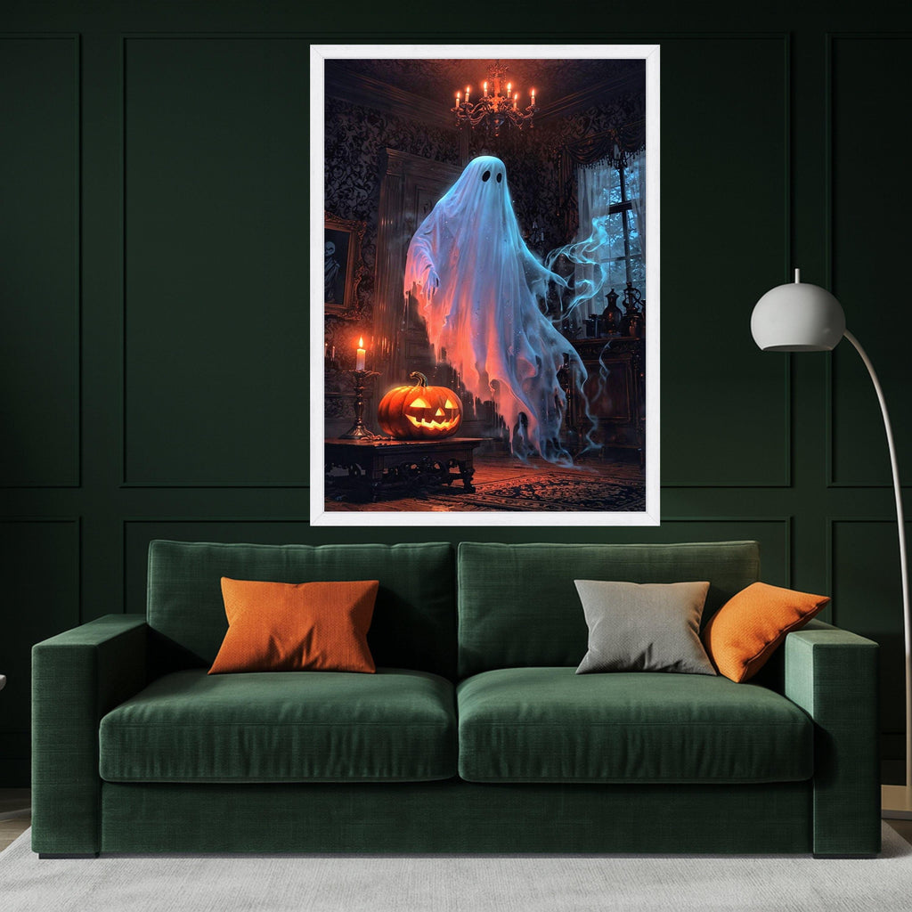 Ghost Canvas Print – Haunted House Wall Art, Halloween Wall Decoration, Spooky Wall Decor, Jack-o’-Lantern Art, Ready to Hang