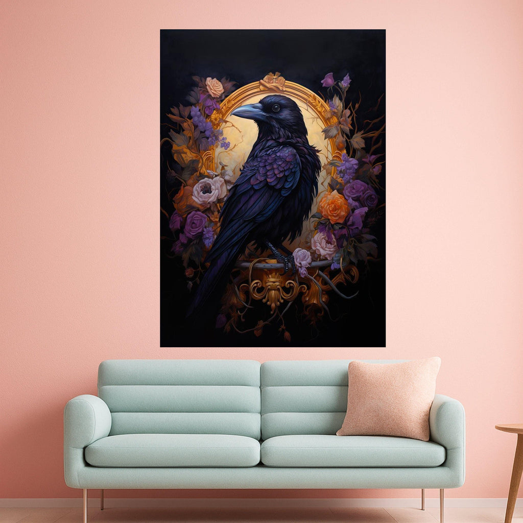 Raven Canvas Print – Gothic Wall Art with Black Bird and Roses, Dark Romantic Wall Decoration, Baroque Raven Wall Decor Ready to Hang