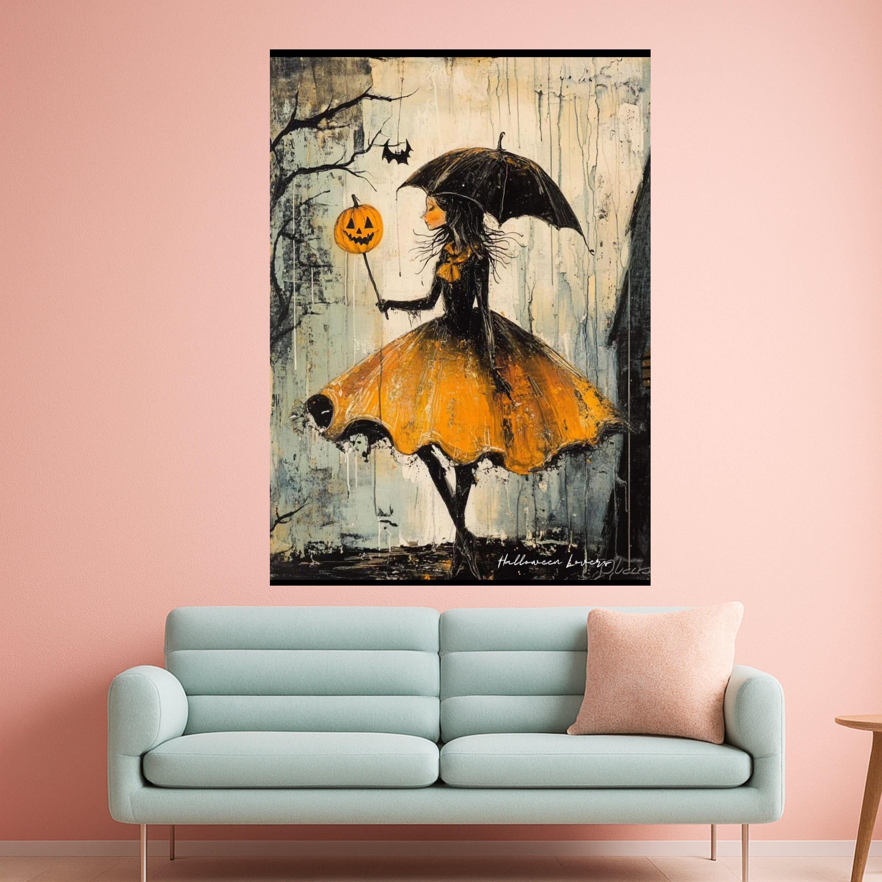 Halloween Girl Canvas Print – Whimsical Wall Art, Pumpkin Balloon Wall Decoration, Dark Wall Artwork, Ready to Hang Decor