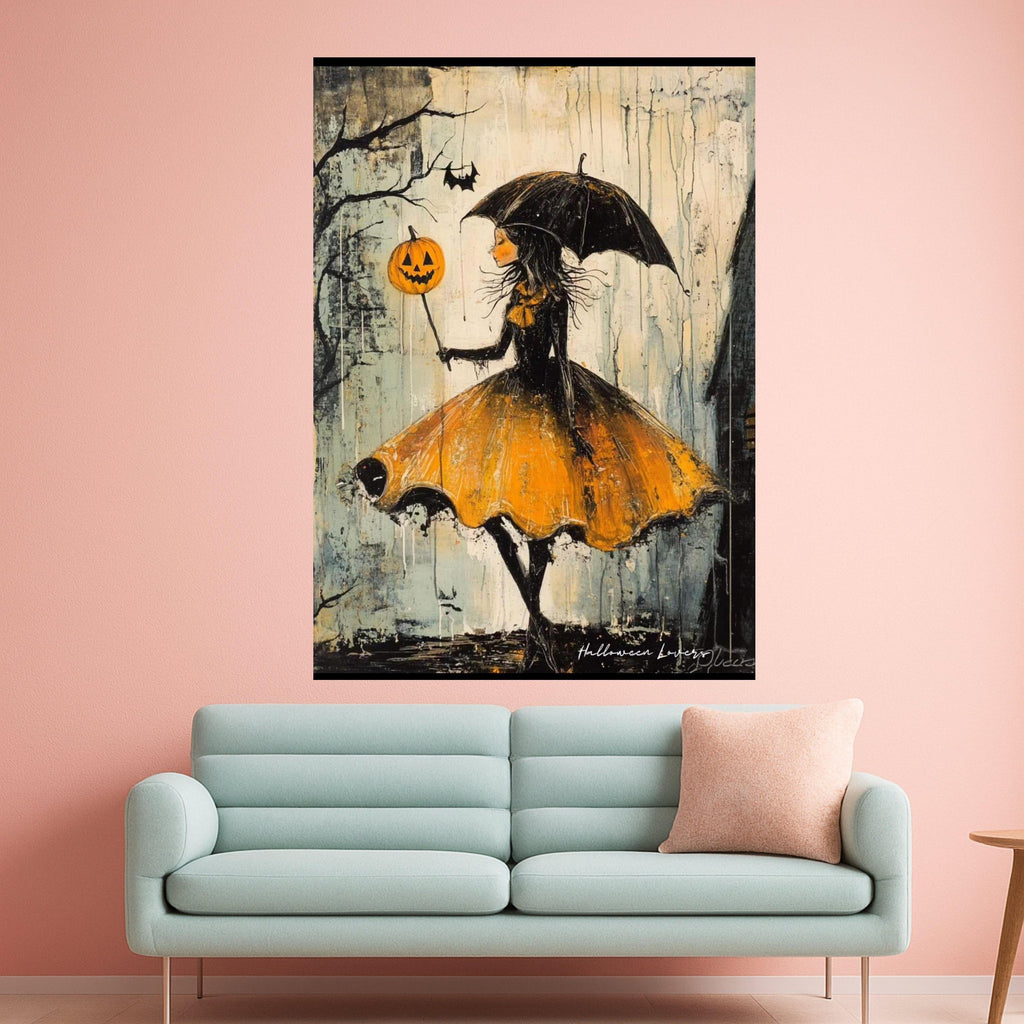 Halloween Girl Canvas Print – Whimsical Wall Art, Pumpkin Balloon Wall Decoration, Dark Wall Artwork, Ready to Hang Decor