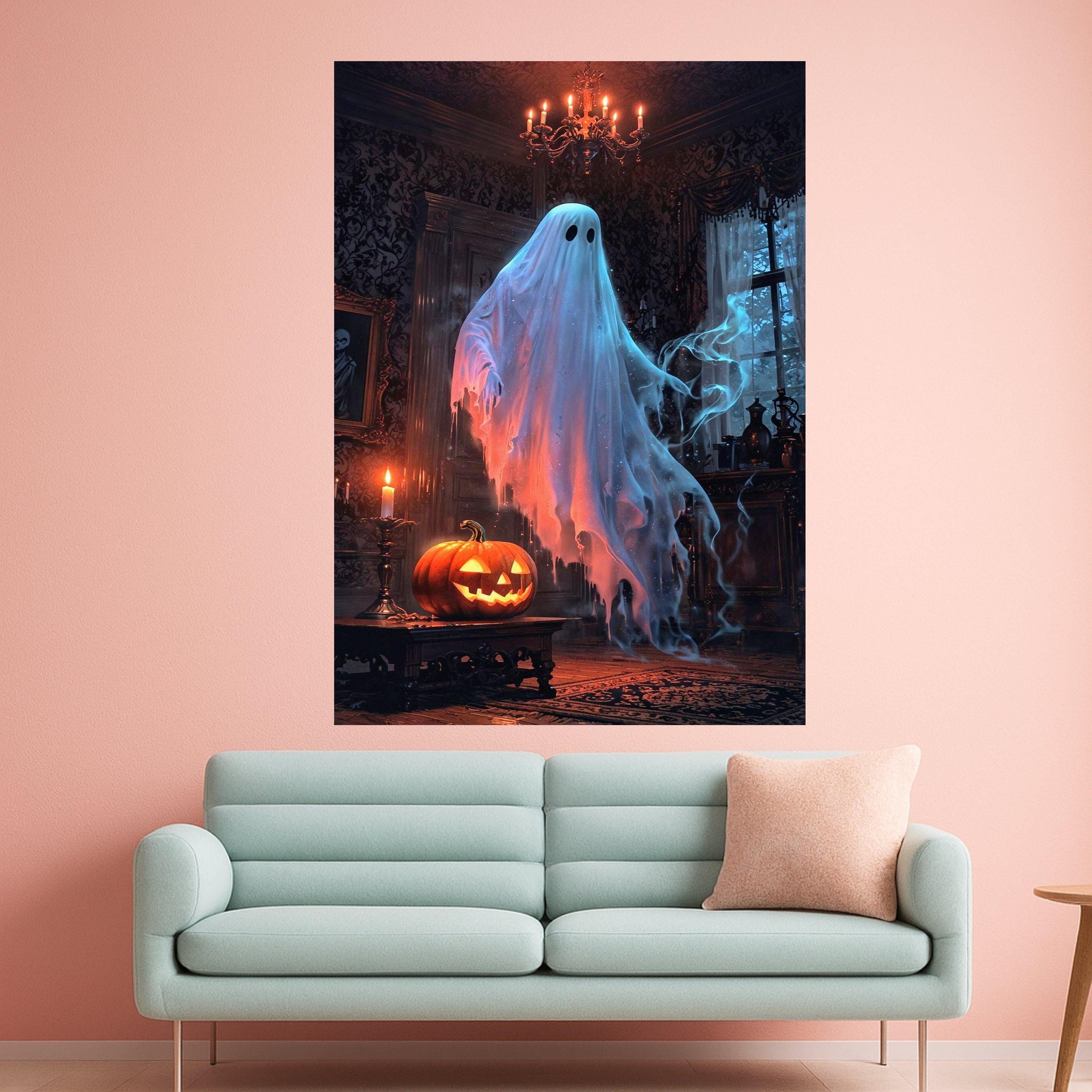 Ghost Canvas Print – Haunted House Wall Art, Halloween Wall Decoration, Spooky Wall Decor, Jack-o’-Lantern Art, Ready to Hang