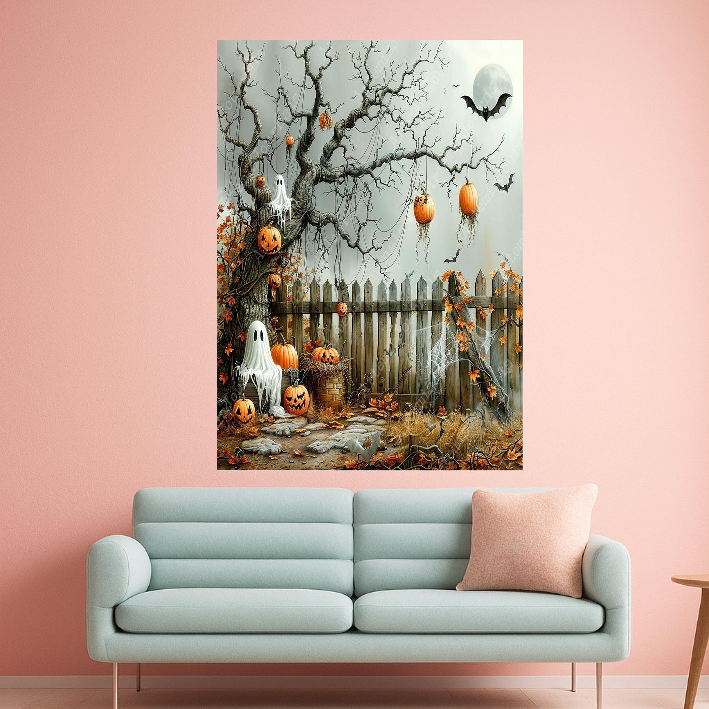 Halloween Canvas Print – Spooky Pumpkin Wall Art, Ghost Tree Wall Decoration, Fall Wall Decor, Ready to Hang Halloween Art