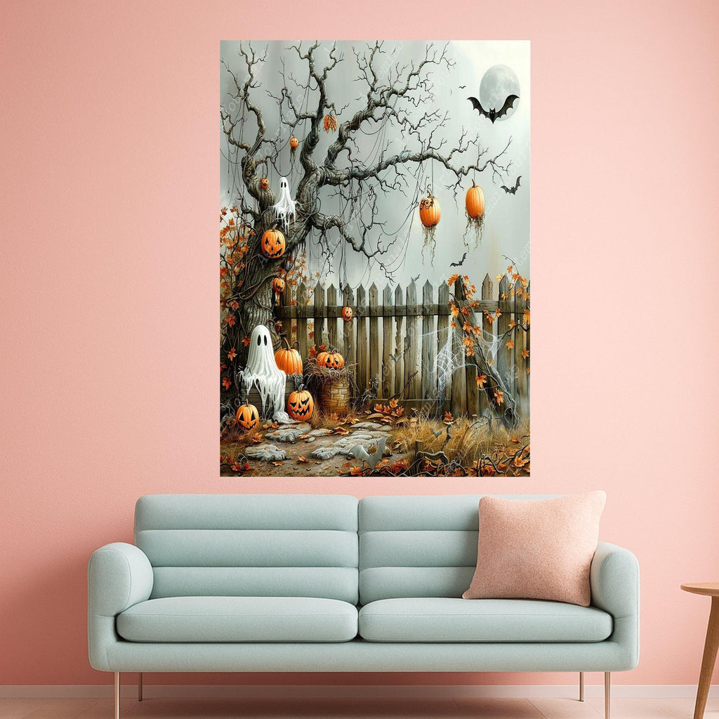 Halloween Canvas Print – Spooky Pumpkin Wall Art, Ghost Tree Wall Decoration, Fall Wall Decor, Ready to Hang Halloween Art