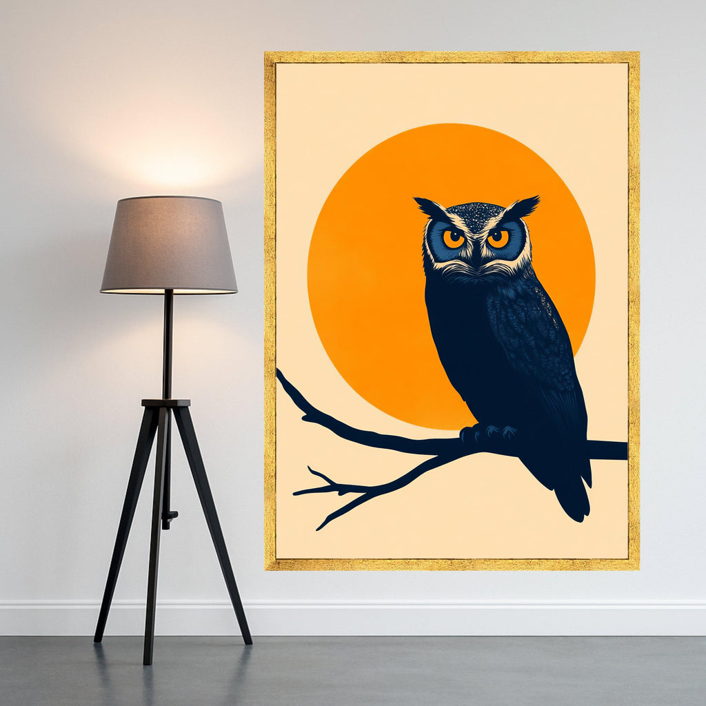 Bold Owl Silhouette Canvas Wall Art, Abstract Nature Bird Design, Orange Sun Background, Modern Wildlife Decoration, Ready to Ready To Hang,