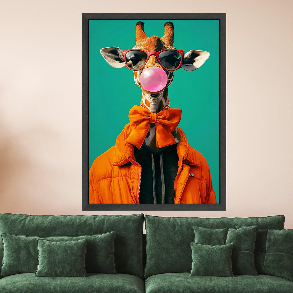 Cool Giraffe with Bubblegum, Orange Bow Tie Canvas, Funny Animal Wall Art, Modern Pop Art Animal Print, Unique Home Ready To Hang,