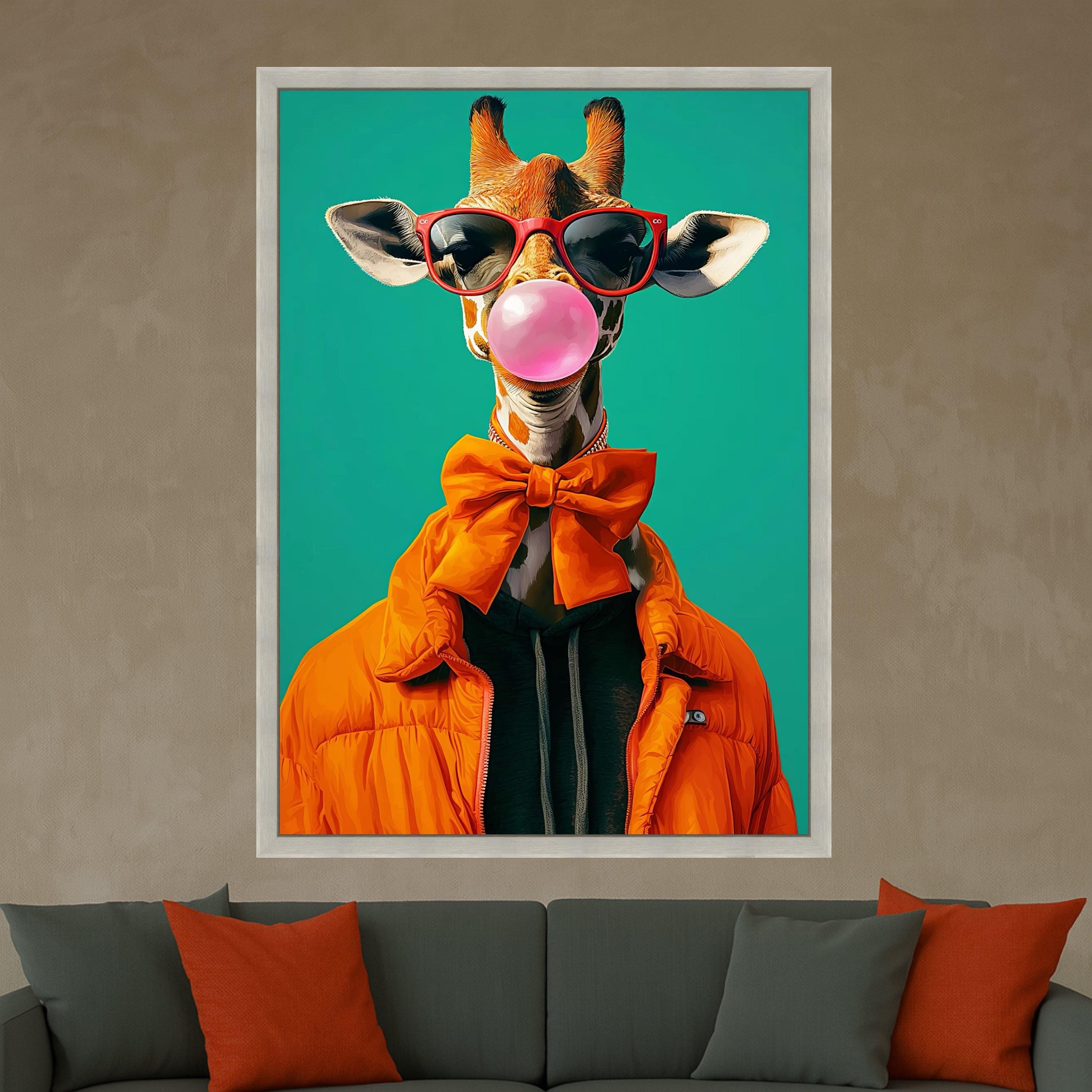 Cool Giraffe with Bubblegum, Orange Bow Tie Canvas, Funny Animal Wall Art, Modern Pop Art Animal Print, Unique Home Ready To Hang,